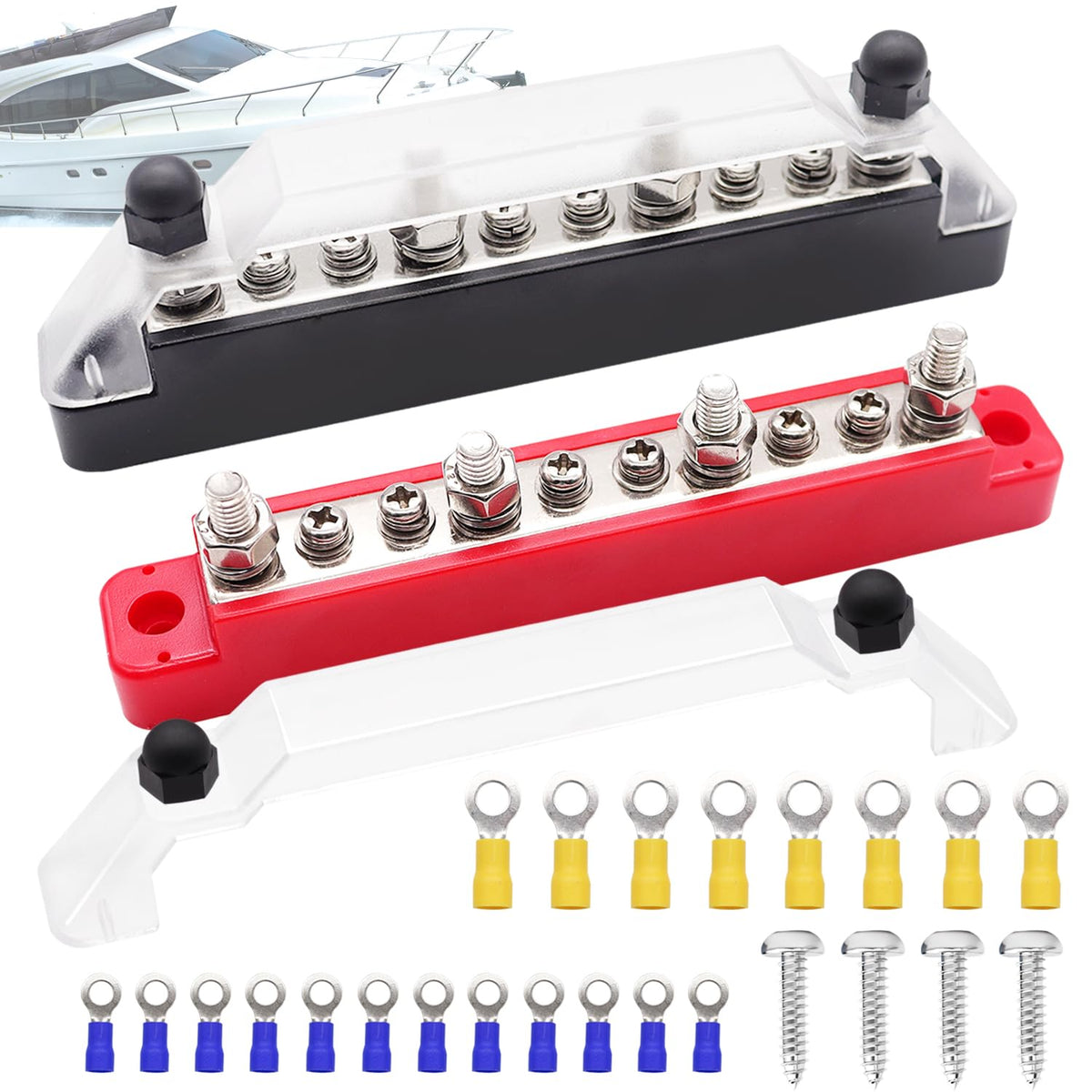 Aienxn 150A 12V Bus Bar Marine, 1/4'' Power Distribution Block, Battery Buss Bar, Automotive Busbar Terminal Block For Car And B