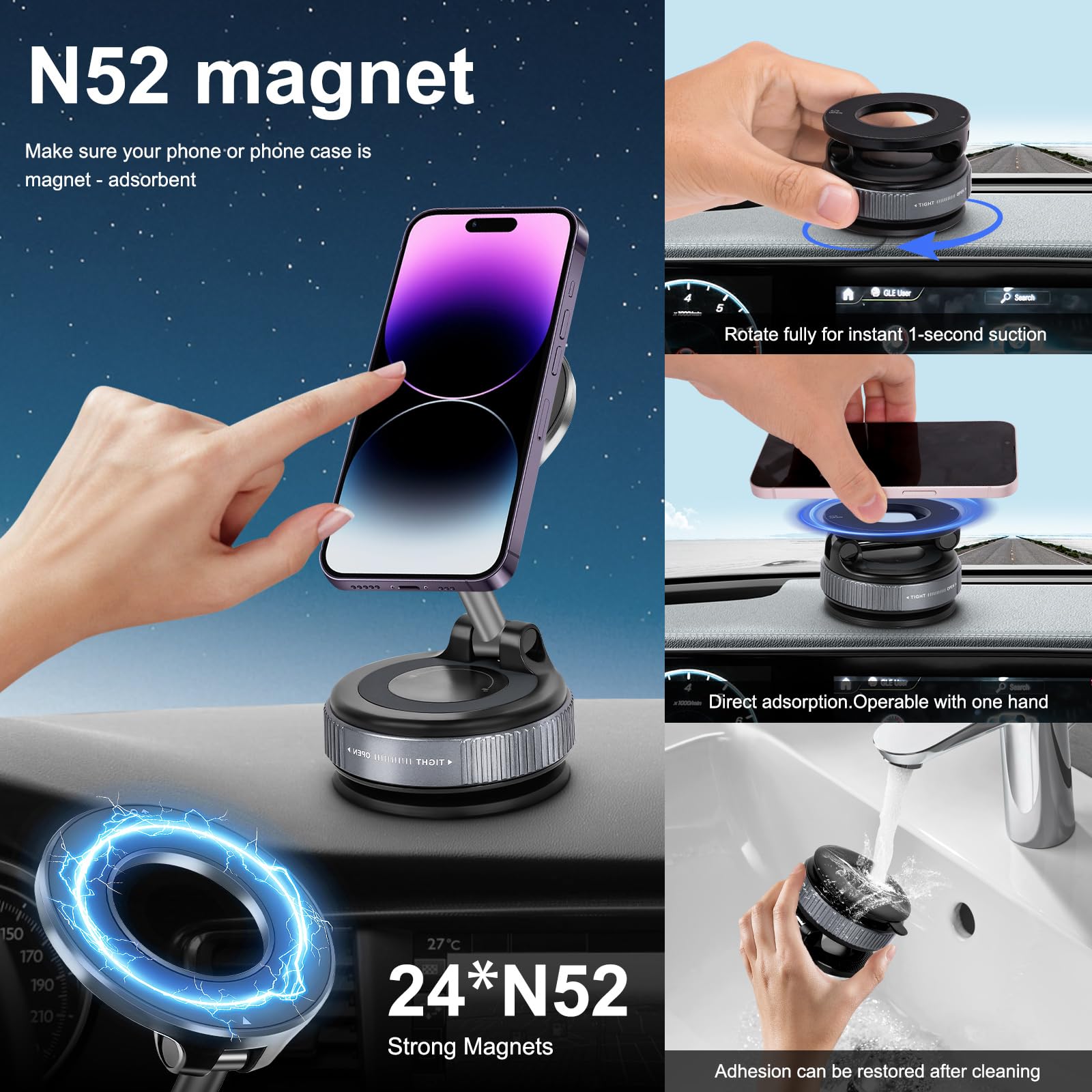 Jikasho Vacuum Magnetic Suction Phone Holder, Foldable And Retractable Hands-Free Suction Cup Phone Mount For Car/Gym/Mirror/Smo