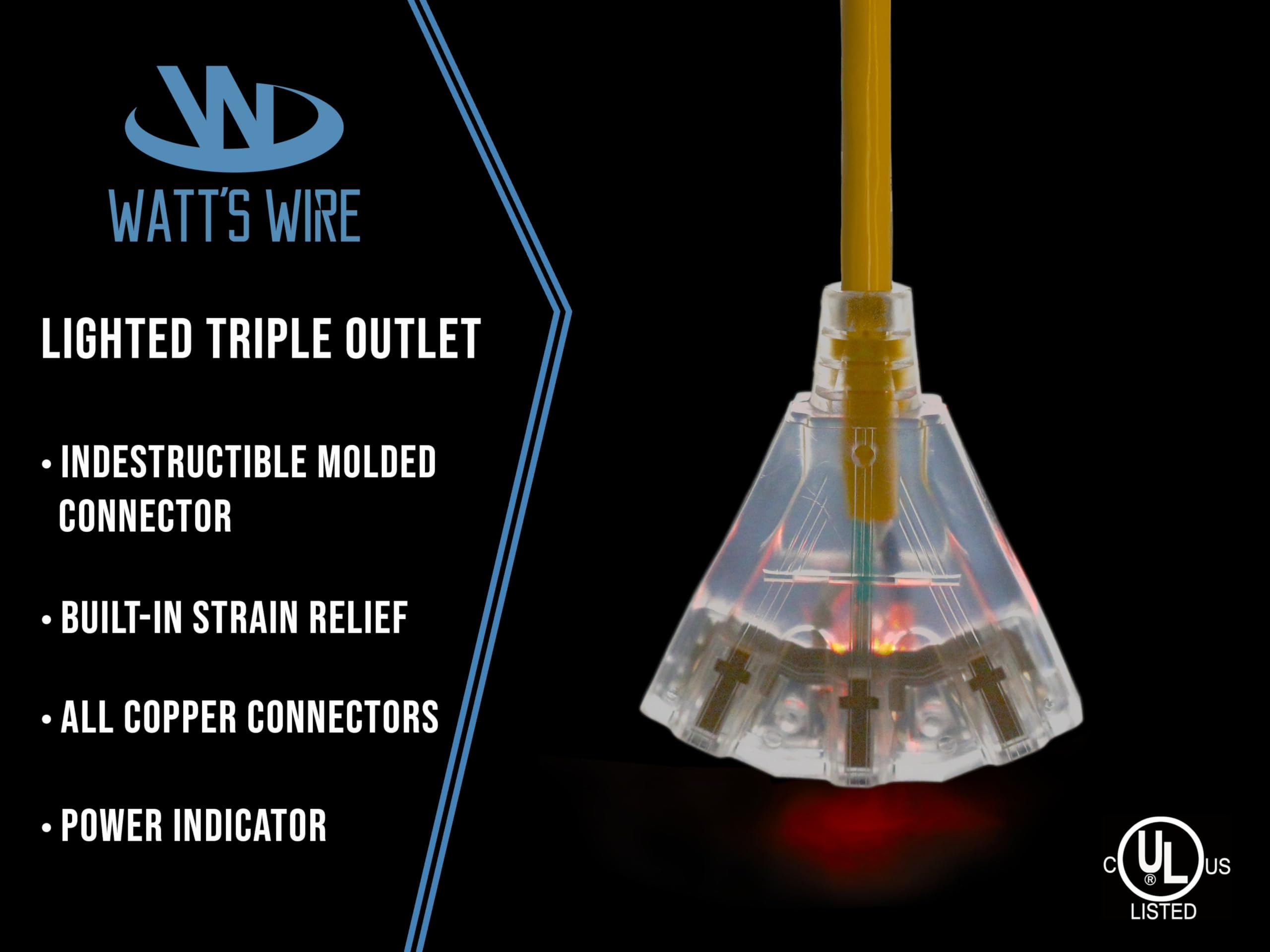 25 Ft Heavy Duty Extension Cord - 12 Gauge Outdoor Extension_Cord - Lighted Mulitiple Outlets By Watts Wire - 25 12-Gauge Grou