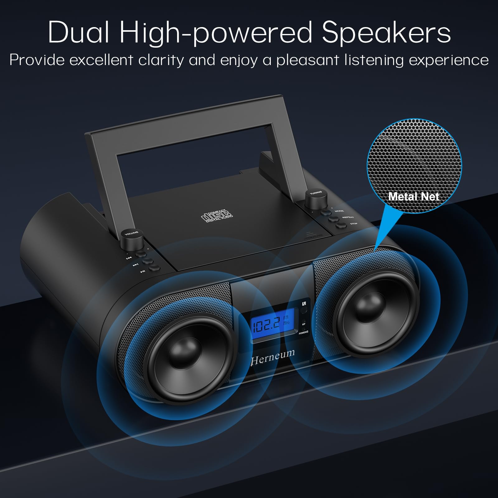 Cd Player Portable, Fm Radio With Dual Stereo Sound System, Rechargeable Bluetooth Boombox With Remote Control, Playback Cd/Cd R