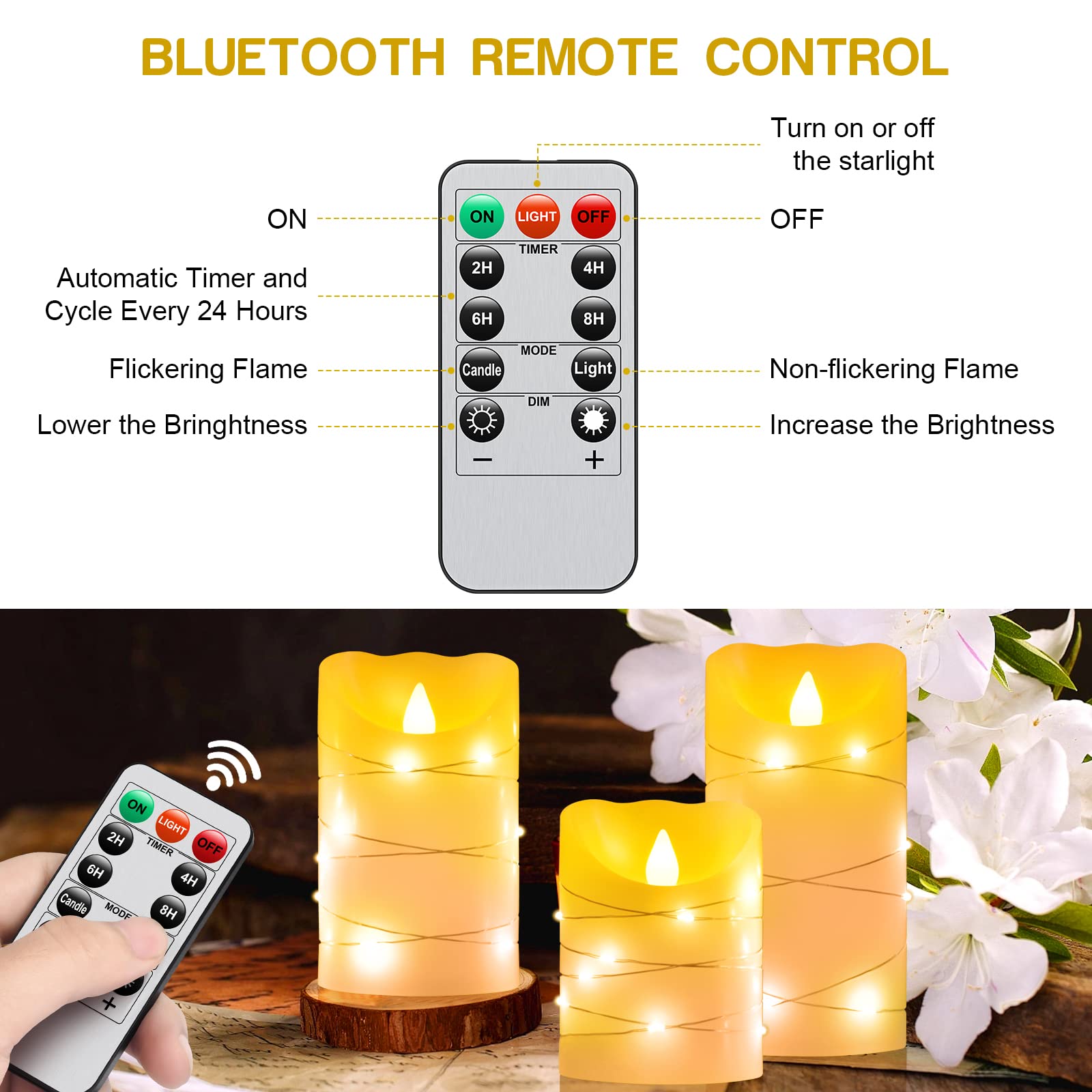 Flameless Battery Operated Led Candles With 11 Key Remote Control 24 Hour Timer Set Of 3, With Embedded String Lights Electric F