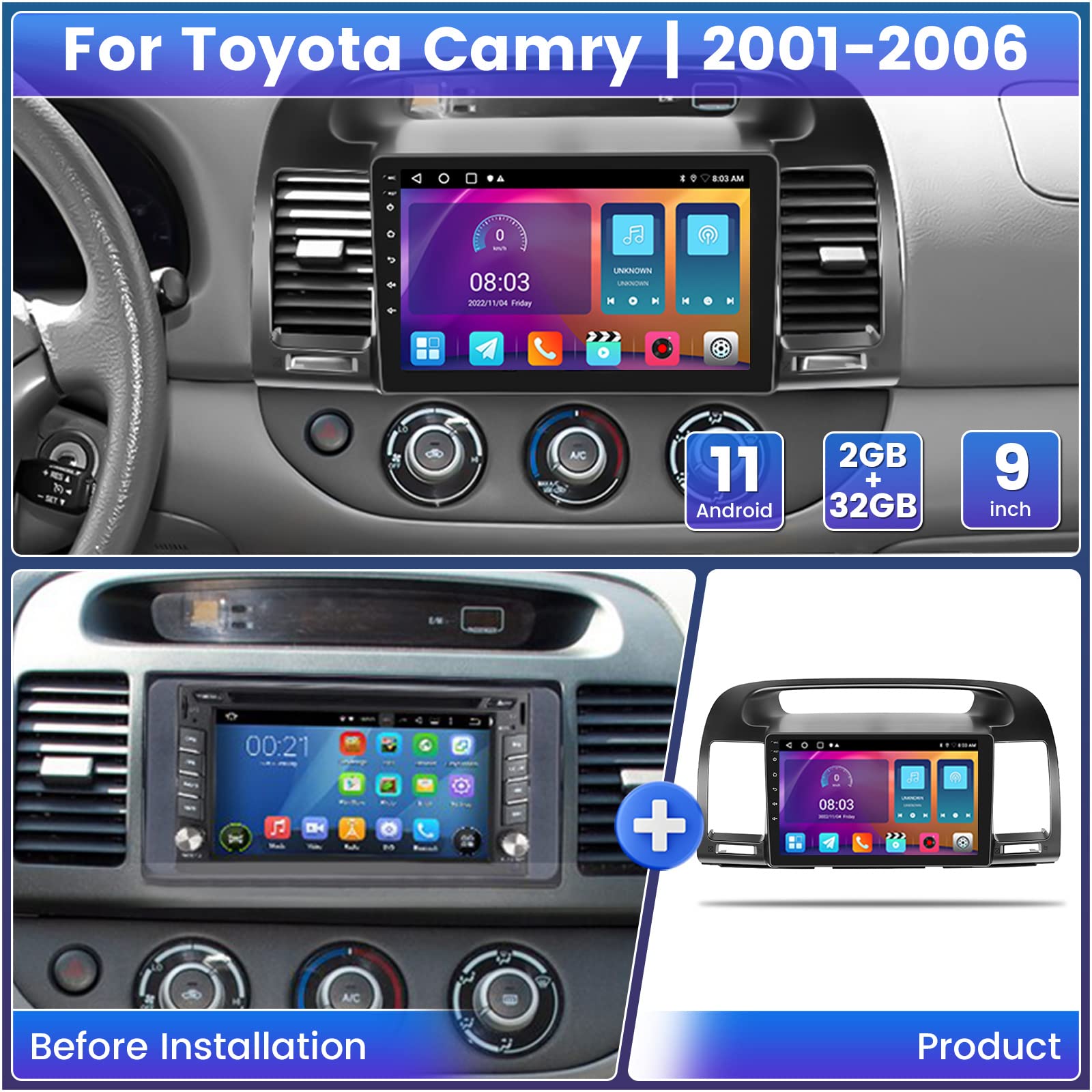 Roinvou 2+32G Android Carplay Stereo For 2001 2006 Toyota Camry, 9'' Touch Screen In Dash Gps Navigation With Built In Wireless