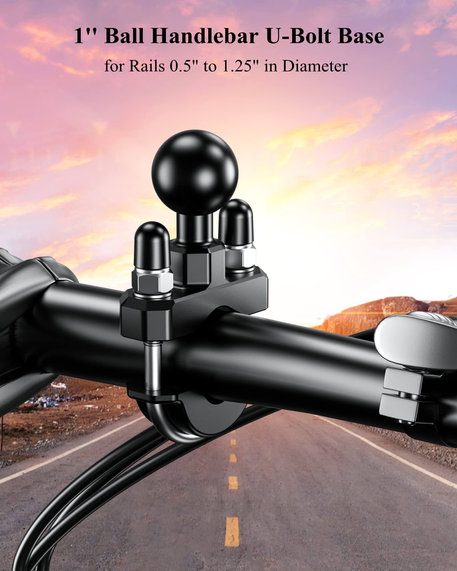 Brcovan Handlebar U Bolt Mount Base With 1'' Tpu Ball For Rails 0.5'' To 1.25'' In Diameter, Compatible With Ram Mounts B Size 1 Inch Ball Double Socket Arm & Bike Motorcycle Phone Holder