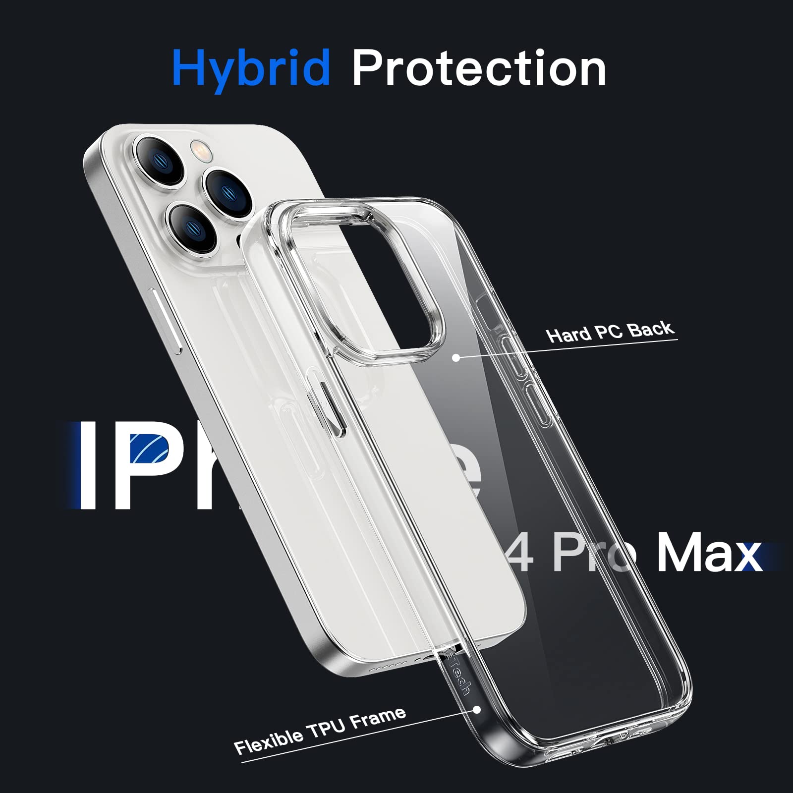 Jetech Case For Iphone 14 Pro Max 6.7 Inch, Non Yellowing Shockproof Phone Bumper Cover, Anti Scratch Clear Back (Clear)