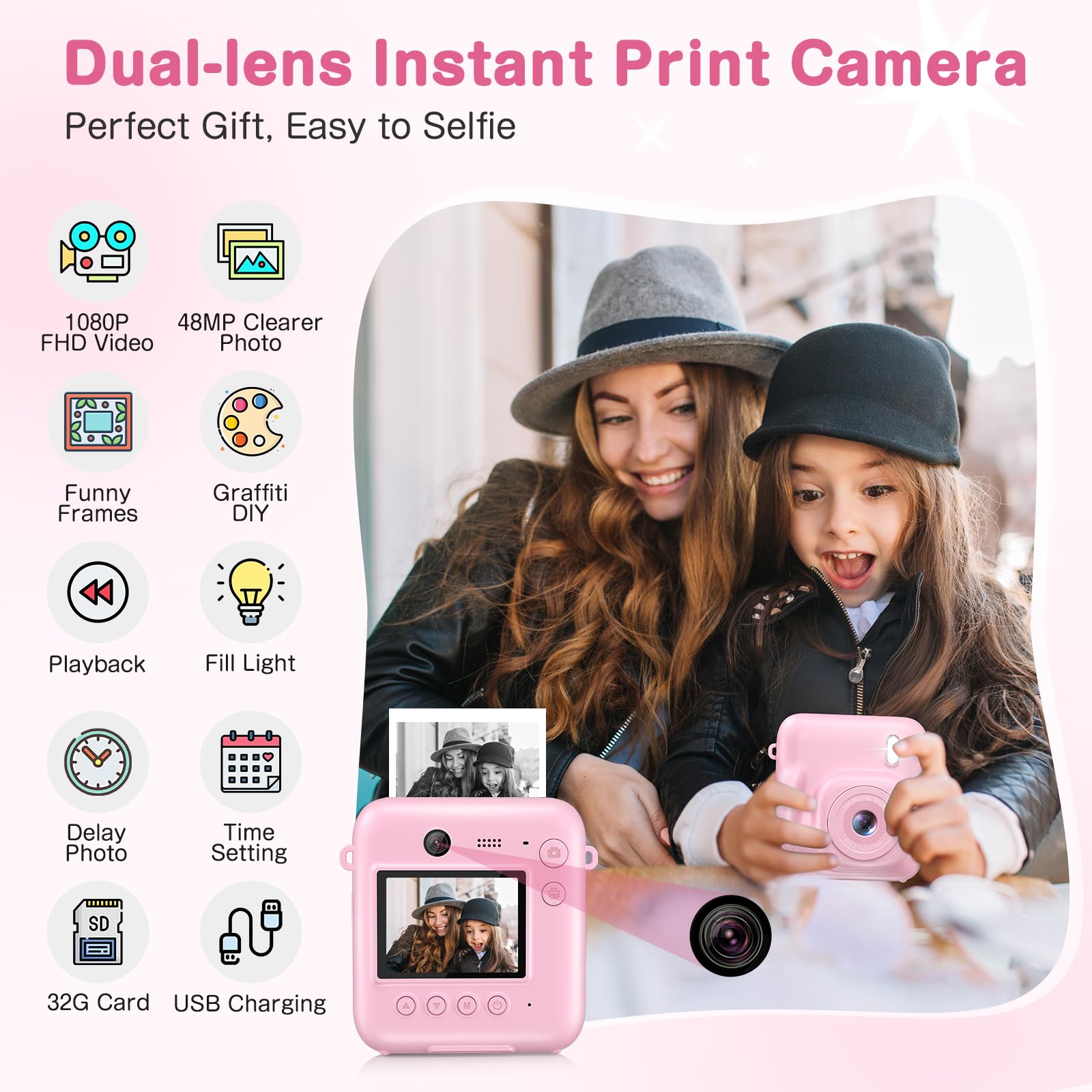 Kids Camera Instant Print, Dual Lens 48Mp Digital Camera For Christmas Birthday Gifts, 1080P Selfie Instant Cameras For Kids Wit