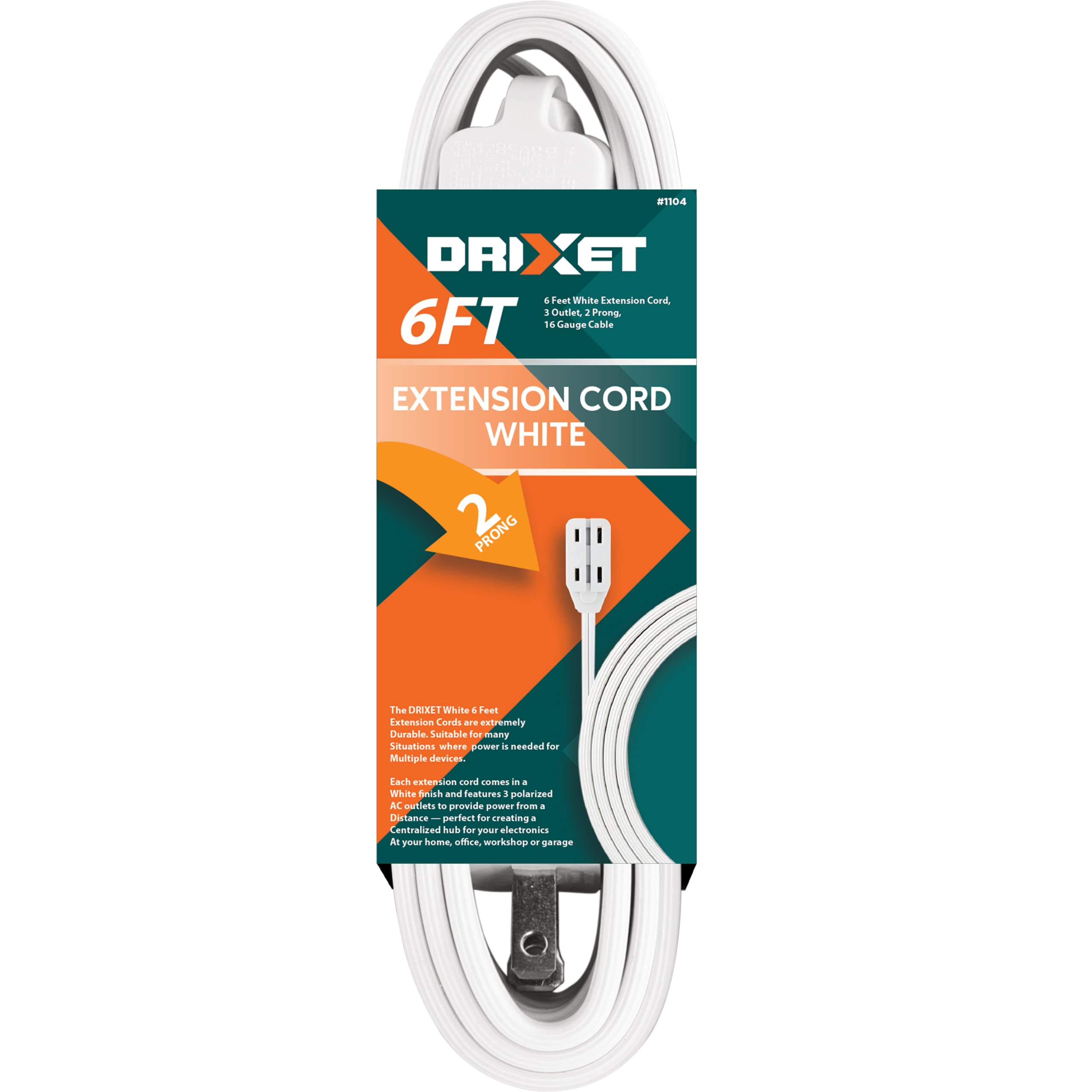 [Ul Listed] 6 Feet White Extension Cord, 3 Outlet, 2 Prong, 16 Gauge Cable, 3 Receptacle Cube Tap, Indoor Use   By Revpex