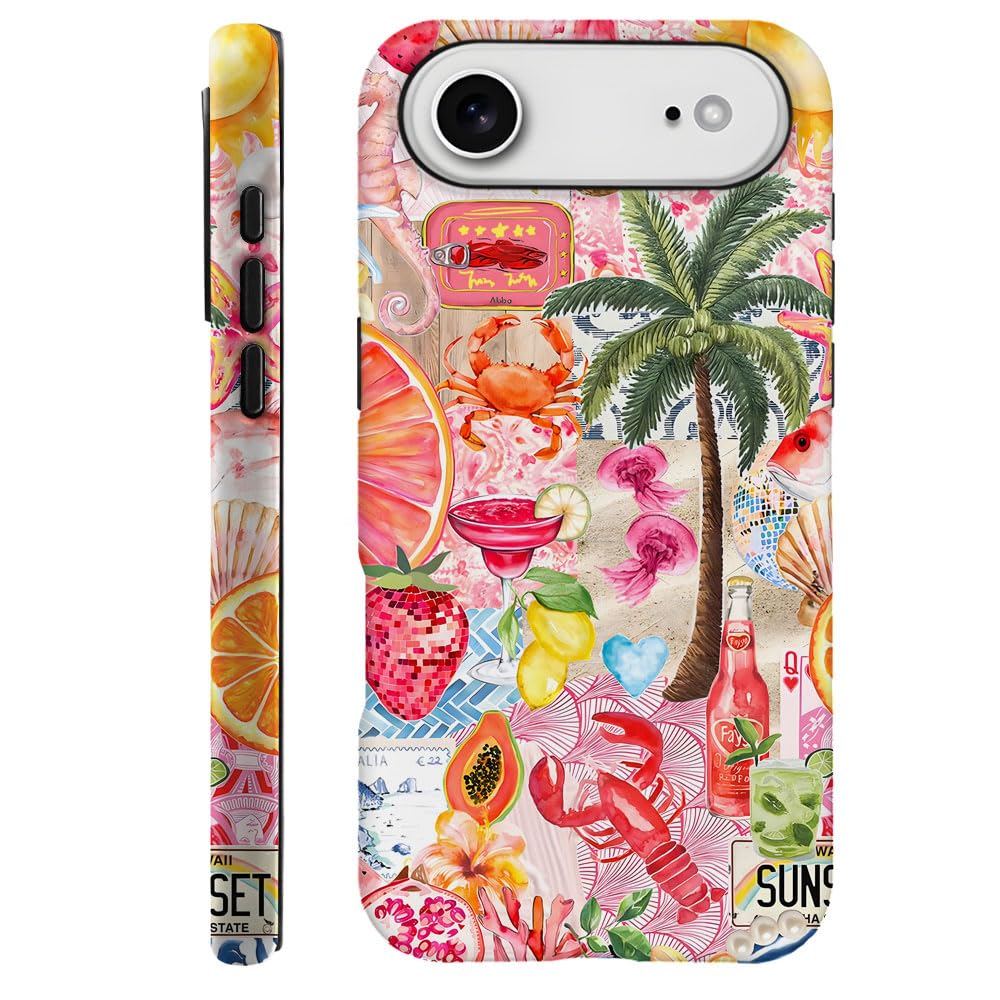 Compatible with iPhone 17 Air,Durable & Shockproof Phone Case Cover Design - Beach Palm Trees Pink Fruits Collage
