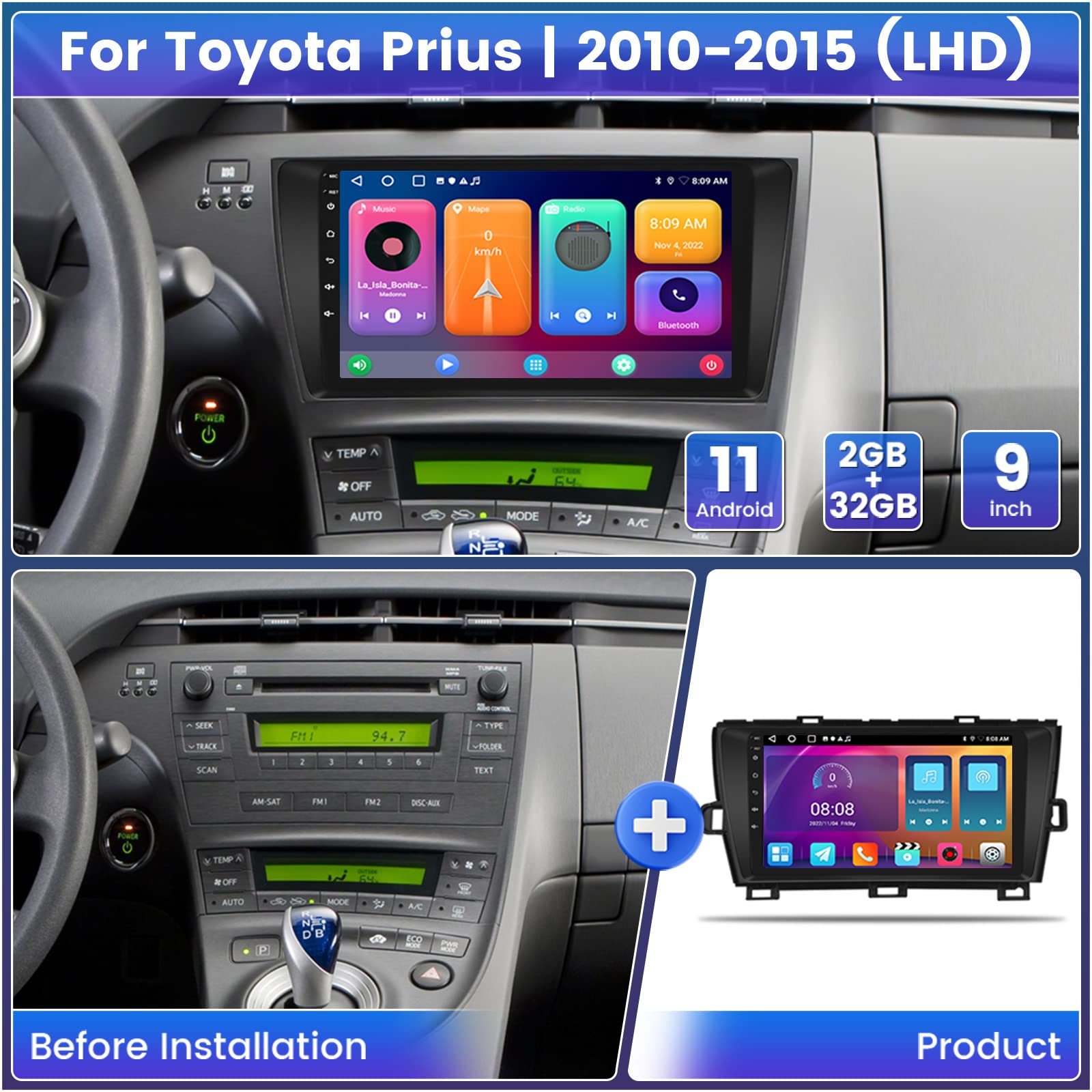 Roinvou 2+64G Android 13 Carplay Stereo For 2010 2015 Toyota Prius(W/Jbl), Wireless Carplay Radio With Android Auto, 9'' Touch S