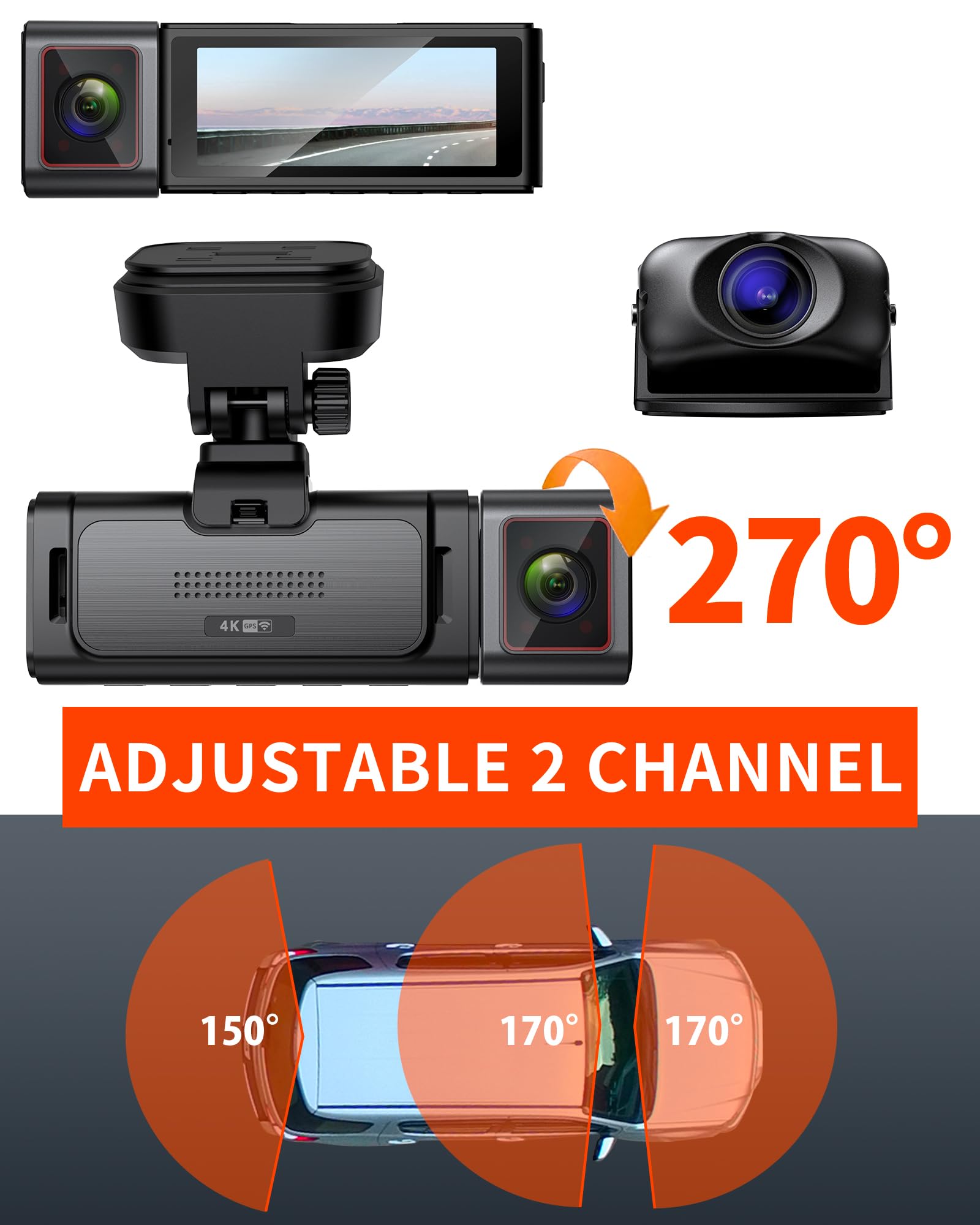 Kingslim D4Pro Dash Cam Front And Rear   4K + 2K Dual Car Dashcam With Wifi Gps Dash Camera, Optional Inside Recording, Voice Co