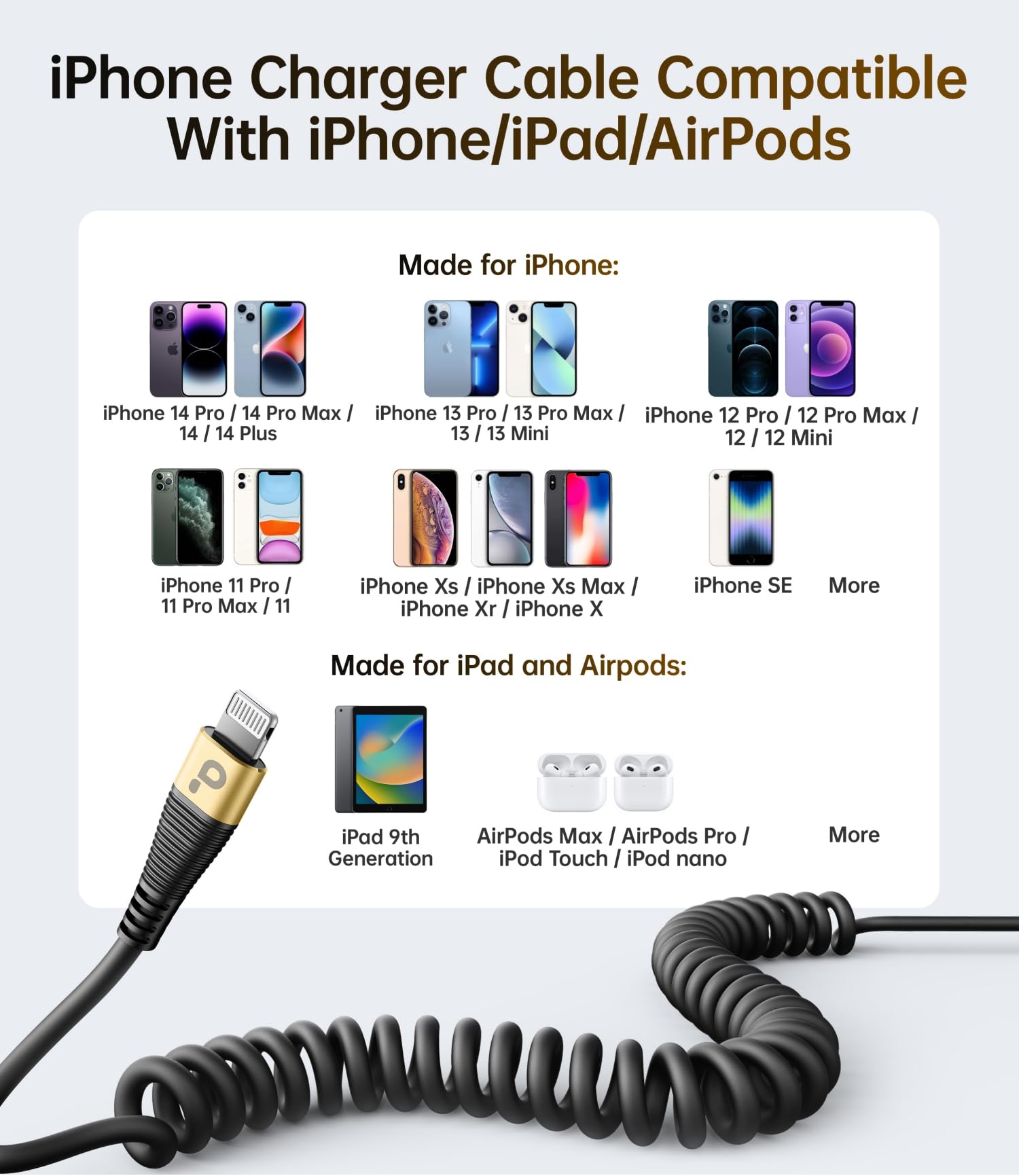 Short Iphone Charger Cable For Car, 2 Pack 3Ft Coiled Lightning Cable [Apple Mfi Certified] Iphone Charger Cord Compatible With