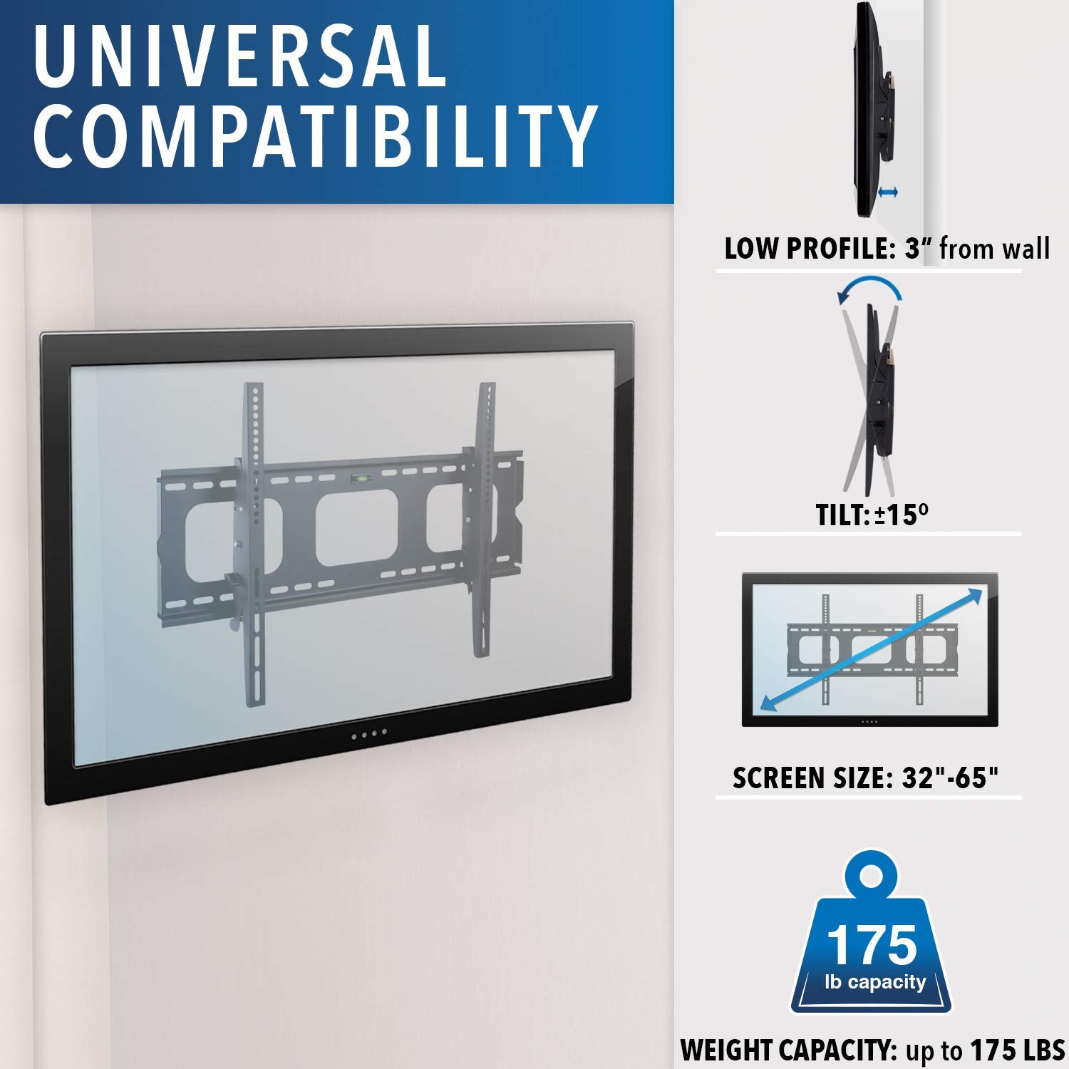 Mount It! Tilting Tv Wall Mount Bracket For 32 65 Inch Lcd, Led, Plasma Flat Screen Tv| Universal Heavy Duty Television Mount Wi