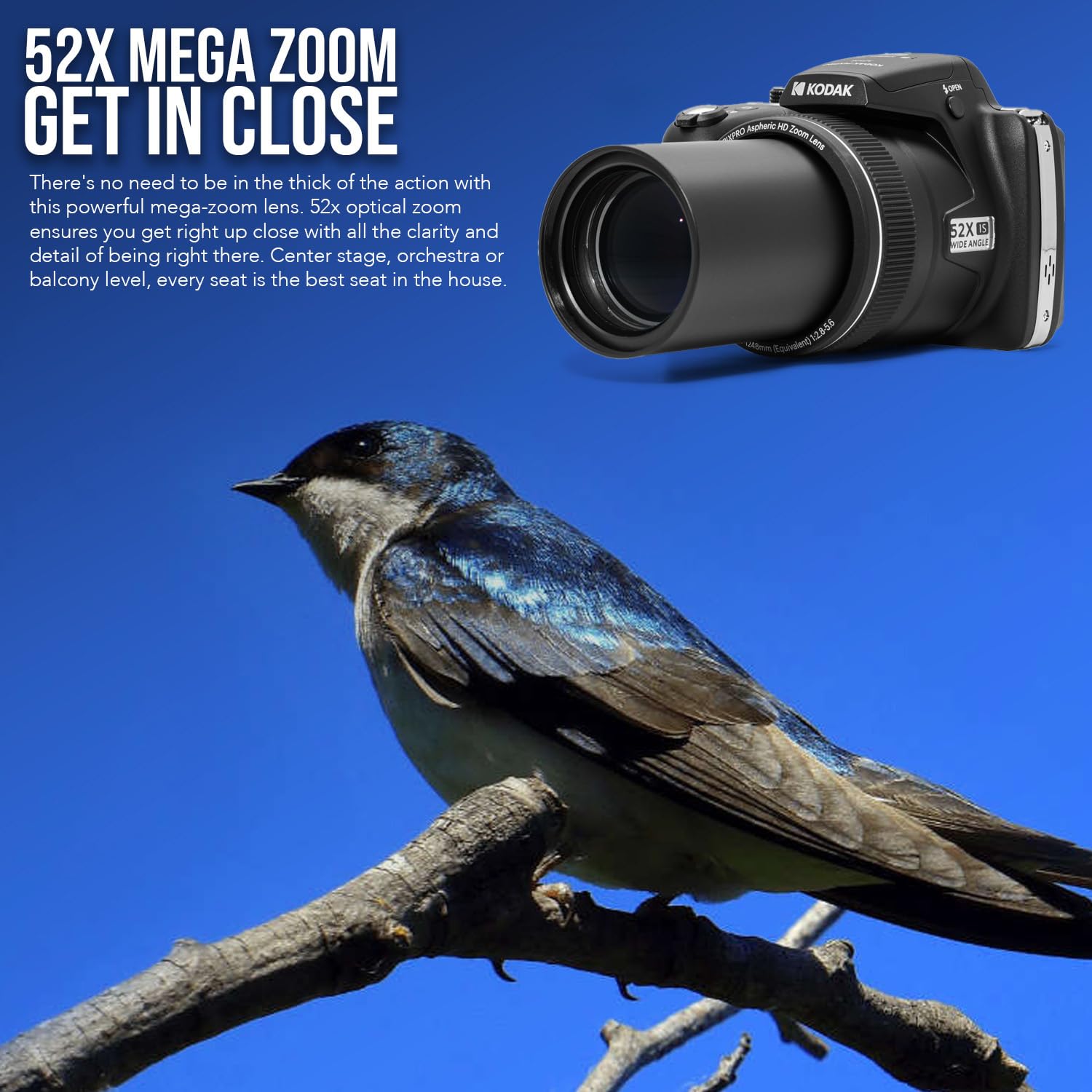 Kodak Pixpro Az528 16Mp Astro Zoom Digital Camera With 52X Optical Zoom (Black) Bundle With 128Gb Sd Card And Rechargeable Batte