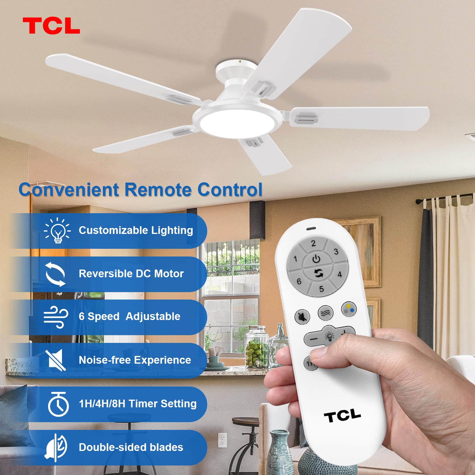 Tcl Ceiling Fans With Lights, 52 Inch Low Profile Ceiling Fan With Light And Remote Control, Flush Mount, Dc Reversible Motor, N