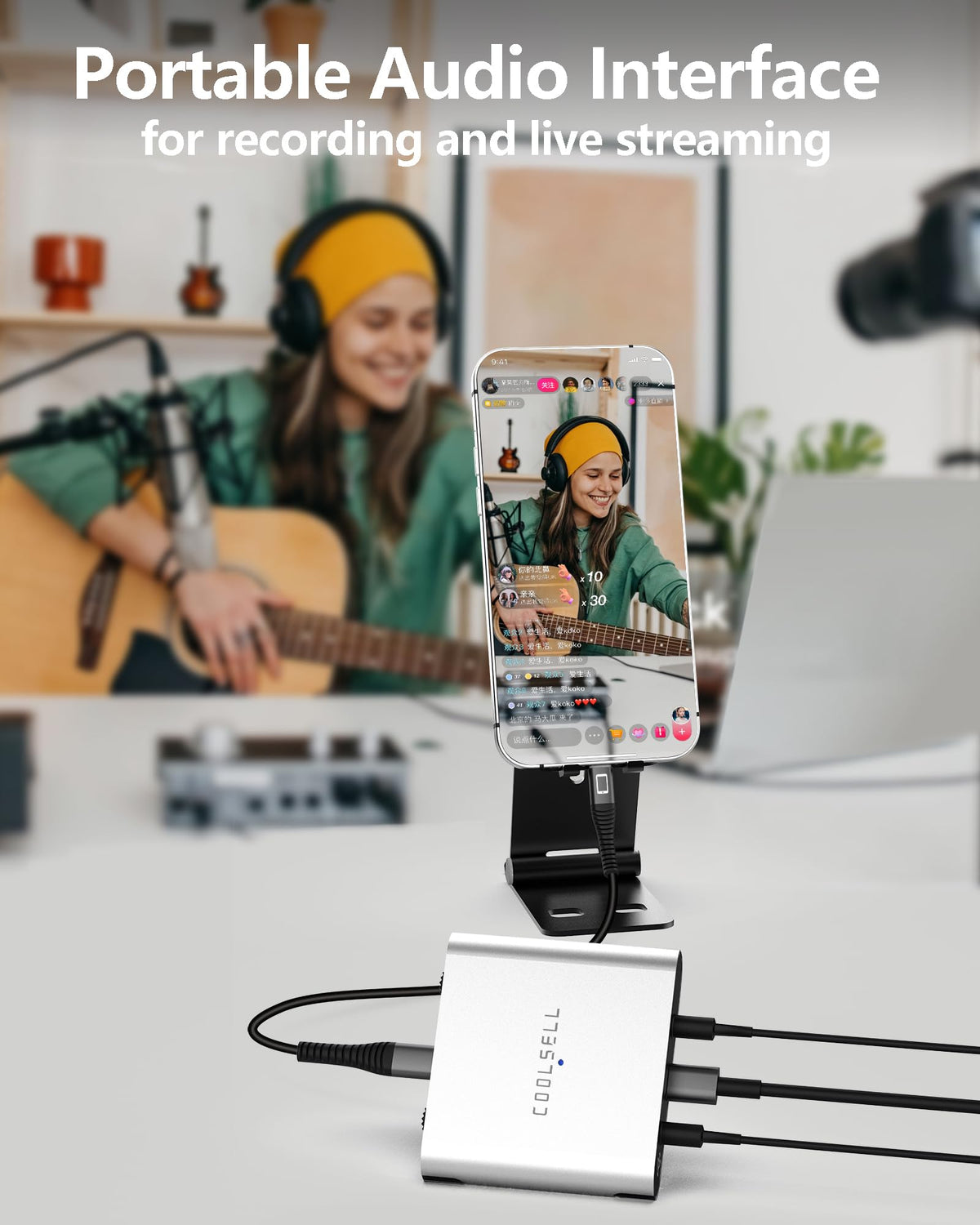 COOLSELL Portable Audio Interface 24bit/192kHz, Dual Gain Knob, Stereo ...