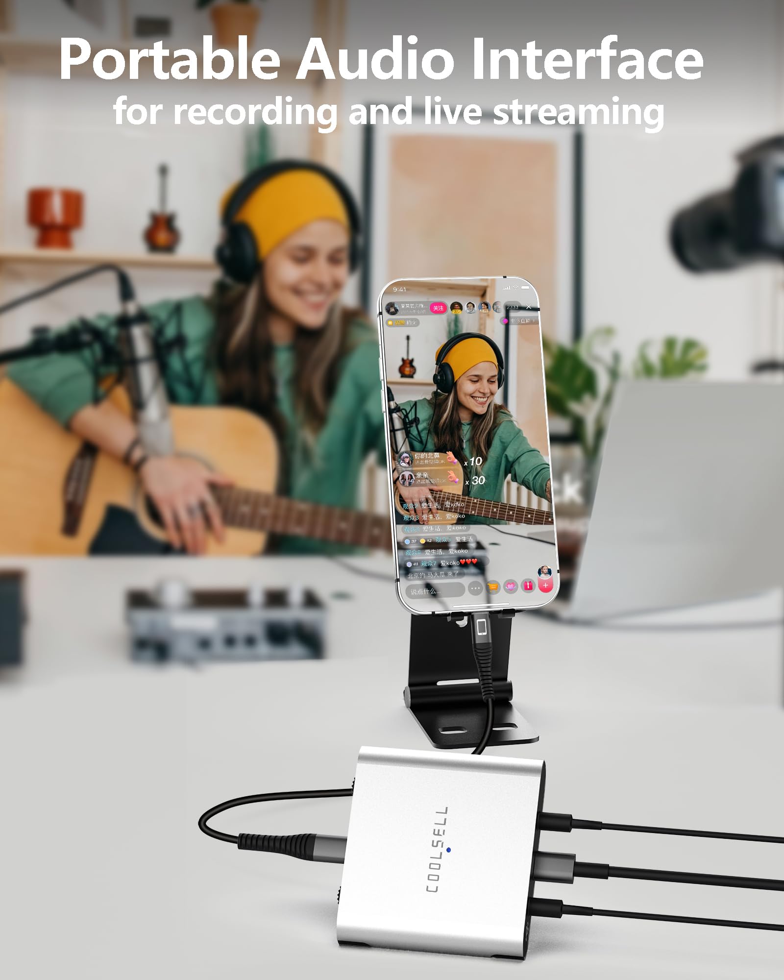 Coolsell Portable Audio Interface 24Bit/192Khz, Dual Gain Knob, Stereo Usb C And Iphone Interface For Live Streaming And Recordi