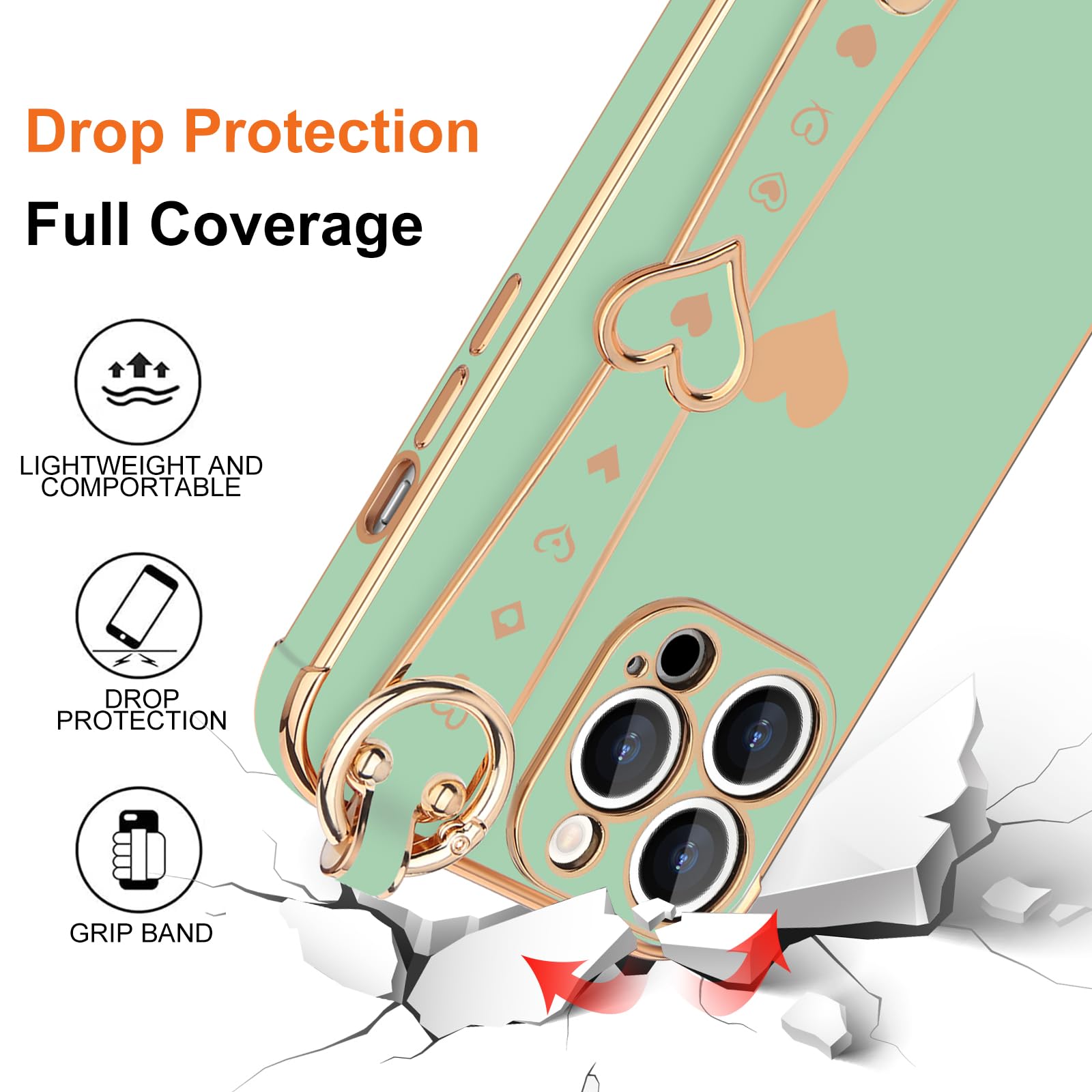 Llz.Coque For Iphone 12 Pro Case Cute Love Heart Plating Strap Phone Cover For Women Girls Bling Soft Silicone Camera Lens Prote