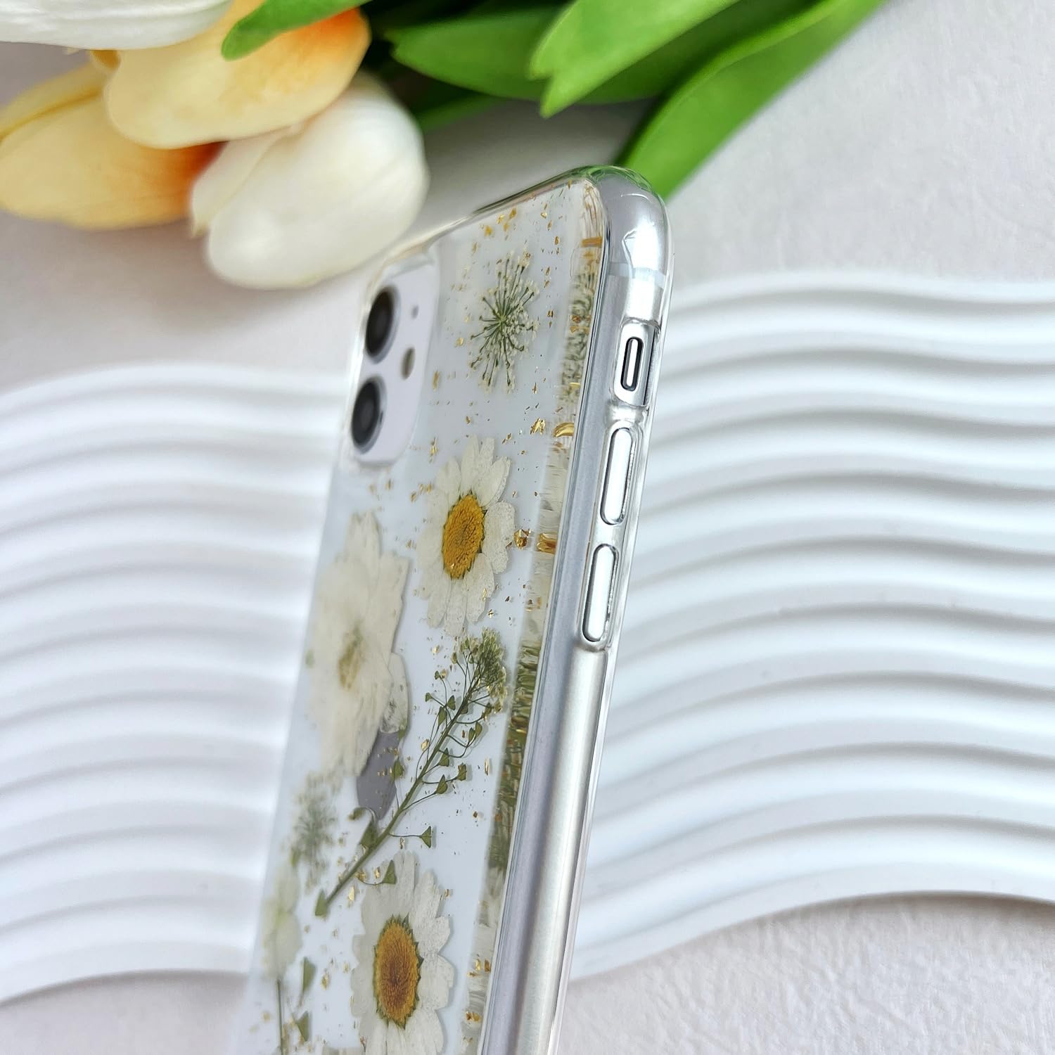 Lseeka For Iphone 11 Clear Case With Pressed Real Flowers Design,Glitter Cute White Floral Pattern Slim Soft Tpu Protective Wome