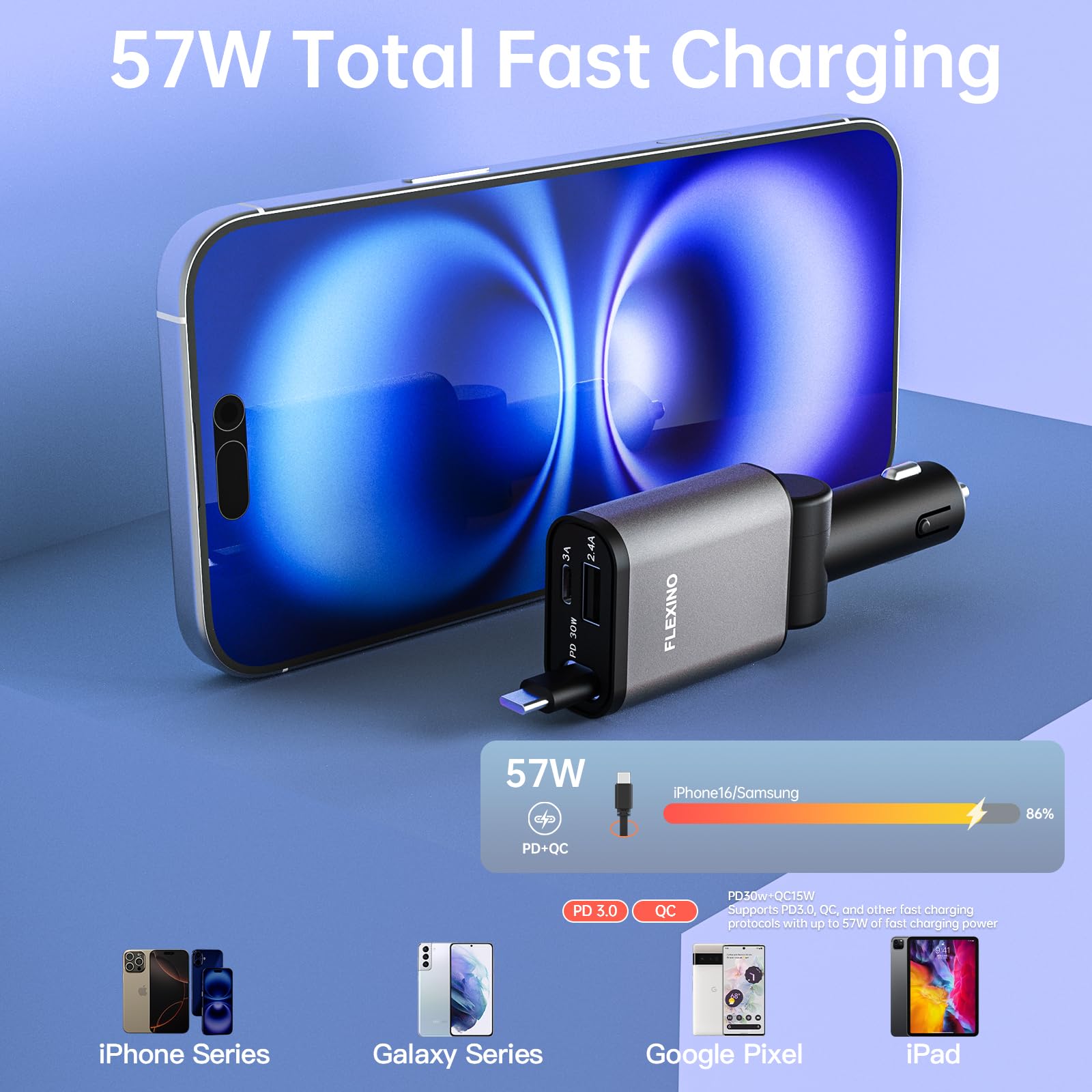 ?2-In-1 Car Combo? Flexino Retractable Car Charger For Iphone 16, 57W Fast Charging Car Charger Usb C, Magnetic Phone Holder For