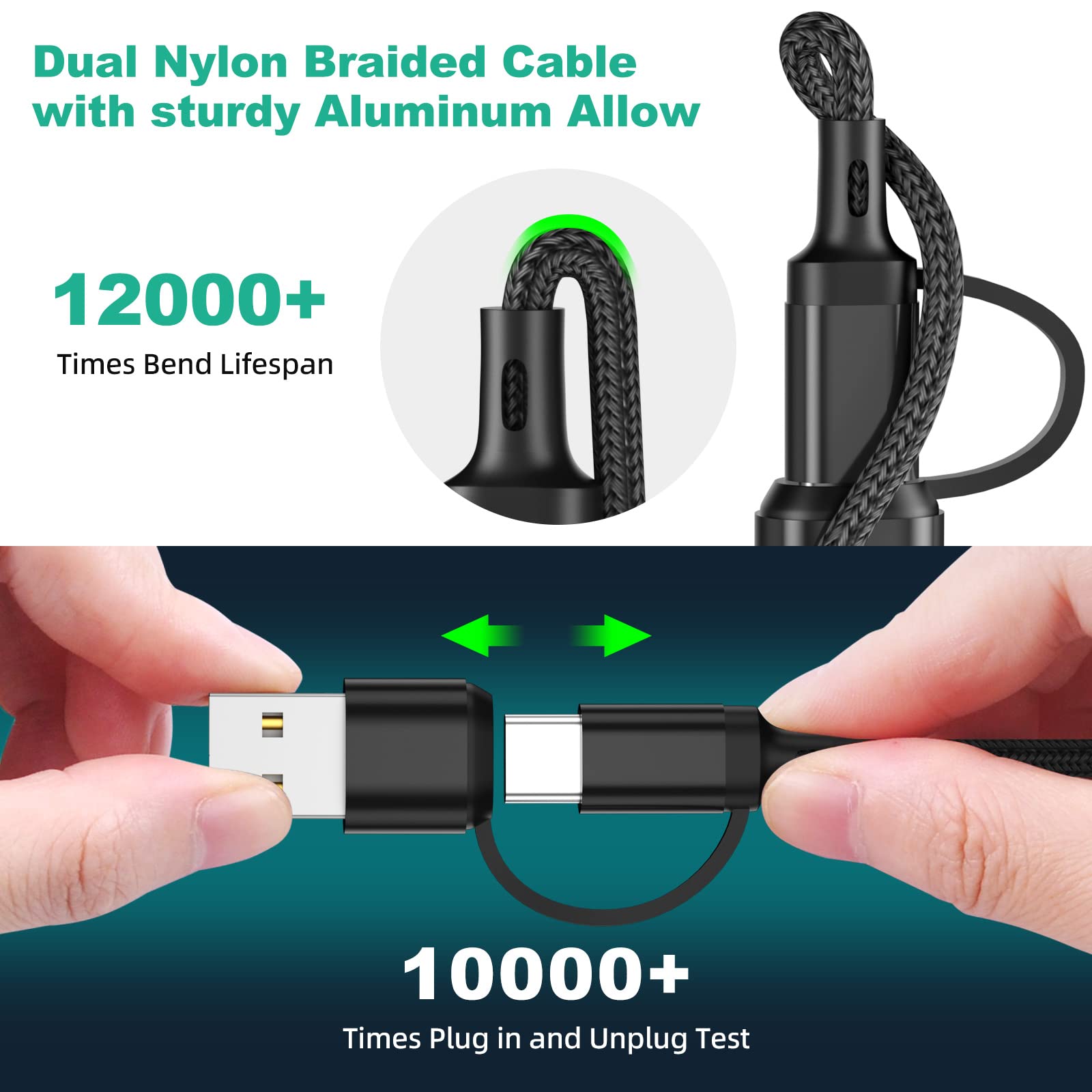 Multi Charging Cable 2Pack 6 In 1 4Ft Multi Multi Charger Cable, Nylon Braided Multi Usb A/C To Phone Usb C Micro Usb Lightning Connector Nylon Braided Charging Cord For Iphone/Samsung Black