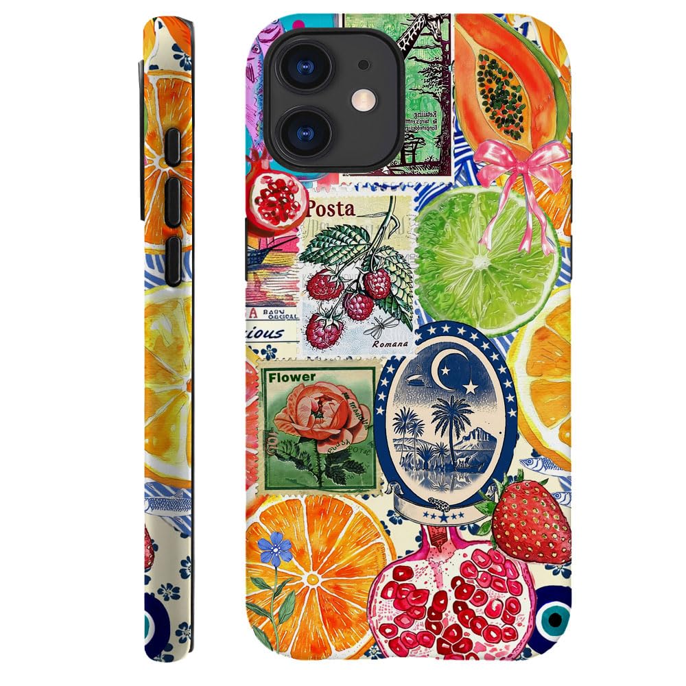 kiritfox Case Compatible with iPhone 12,Hybrid 2-Layer Hard Shell,Shockproof Soft for Girl Women,European Lemon Stamp Collage