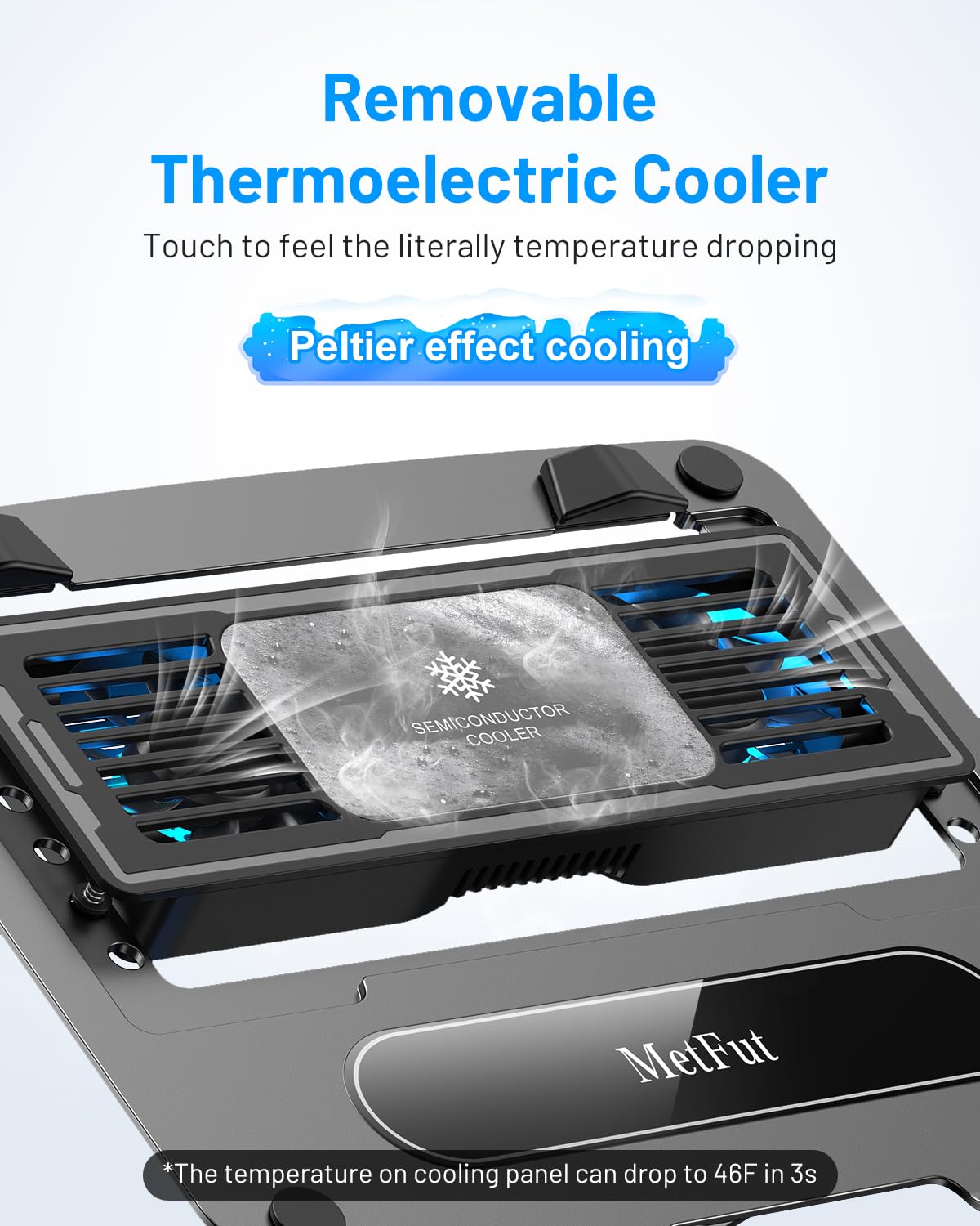 Metfut Laptop Cooling Stand With Detachable Thermoelectric Cooler, Adjustable Height & Angle, 360 Rotation Base, Carbon Steel Fr