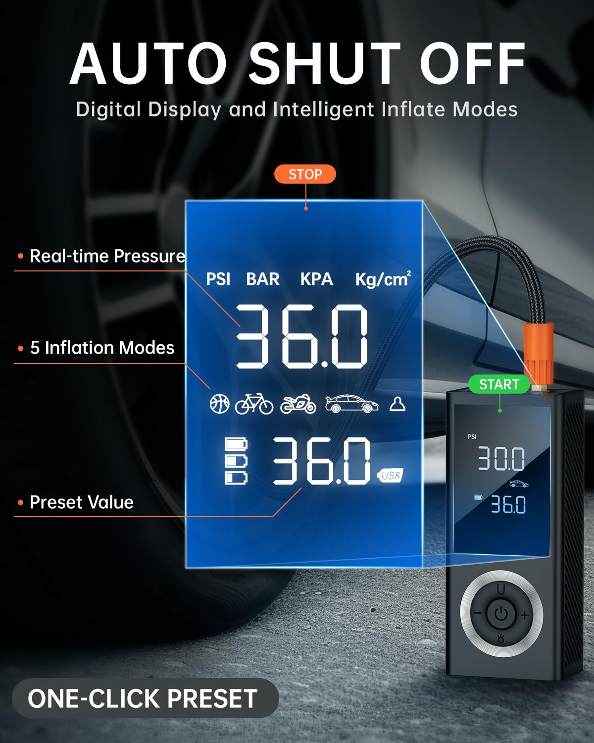 Tire Inflator Portable Air Compressor, Cordless 150 Psi Air Pump With Rechargeable Battery, Tire Pressure Gauge, 12V Car Power A