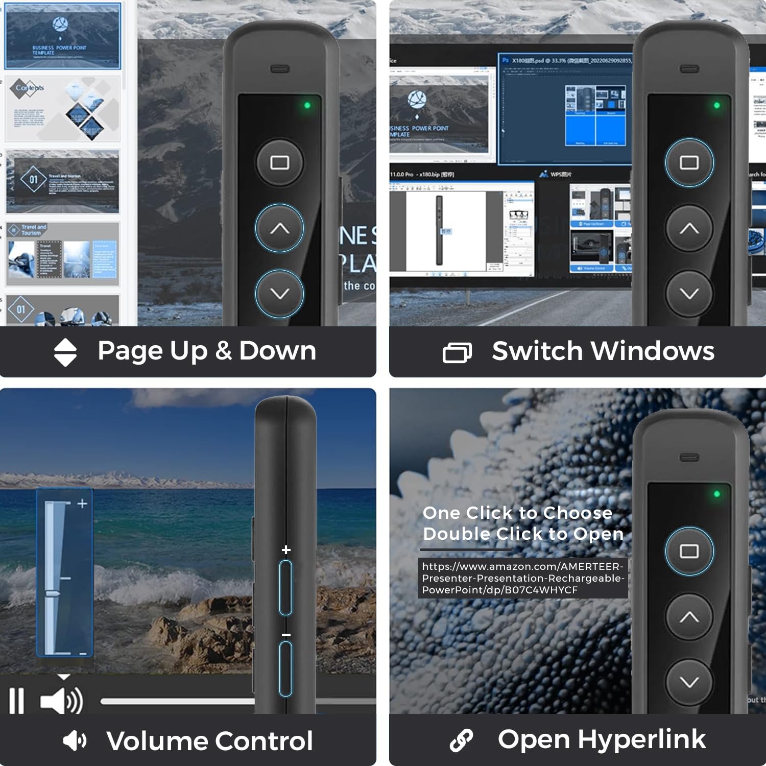 Amerteer Wireless Presenter Remote - Presentation Clicker With 2.4Ghz Rf Hyperlink & Volume Control, Built-In Rechargeable Batte