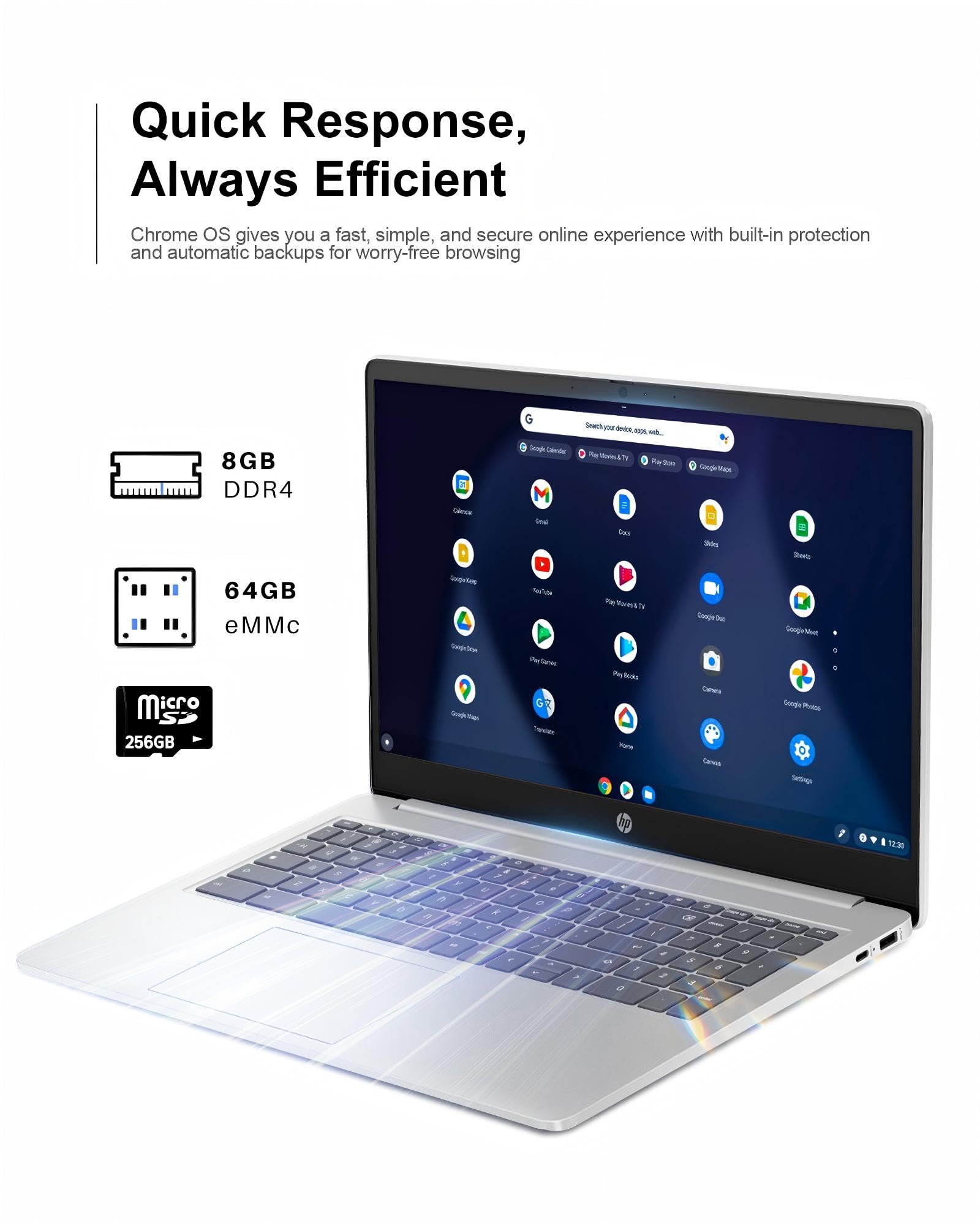 Hp 15.6 Chromebook Laptop, Intel Processor N200, 8Gb Ram, 320Gb Storage (64Gb Emmc+256Gb Msd), Hd Anti-Glare Display, Uhd Graphi