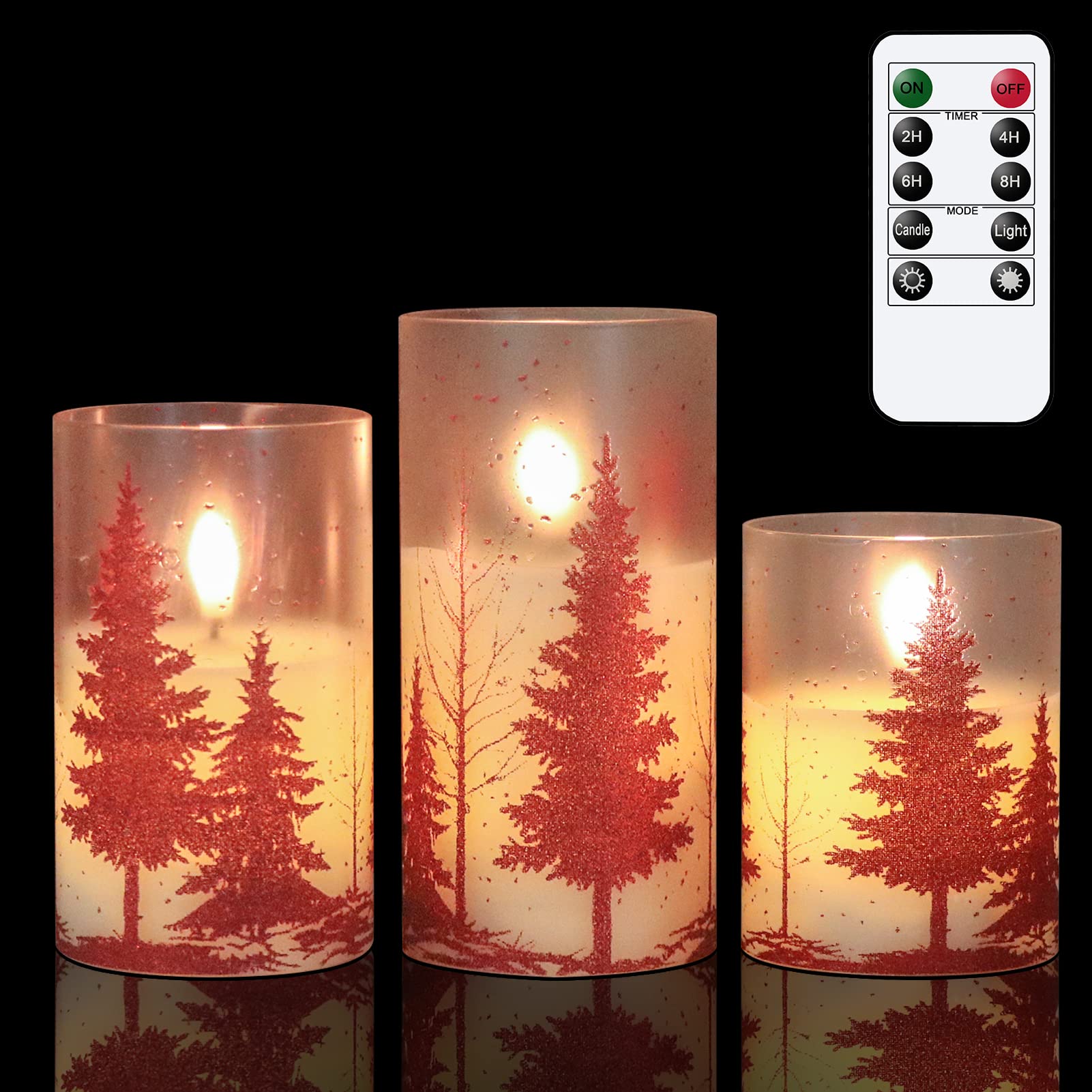 Wondise Glass Flameless Candles With Remote And Timer, Battery Operated Pine Tree Decals Pillar Candles For Home Decoration, Set
