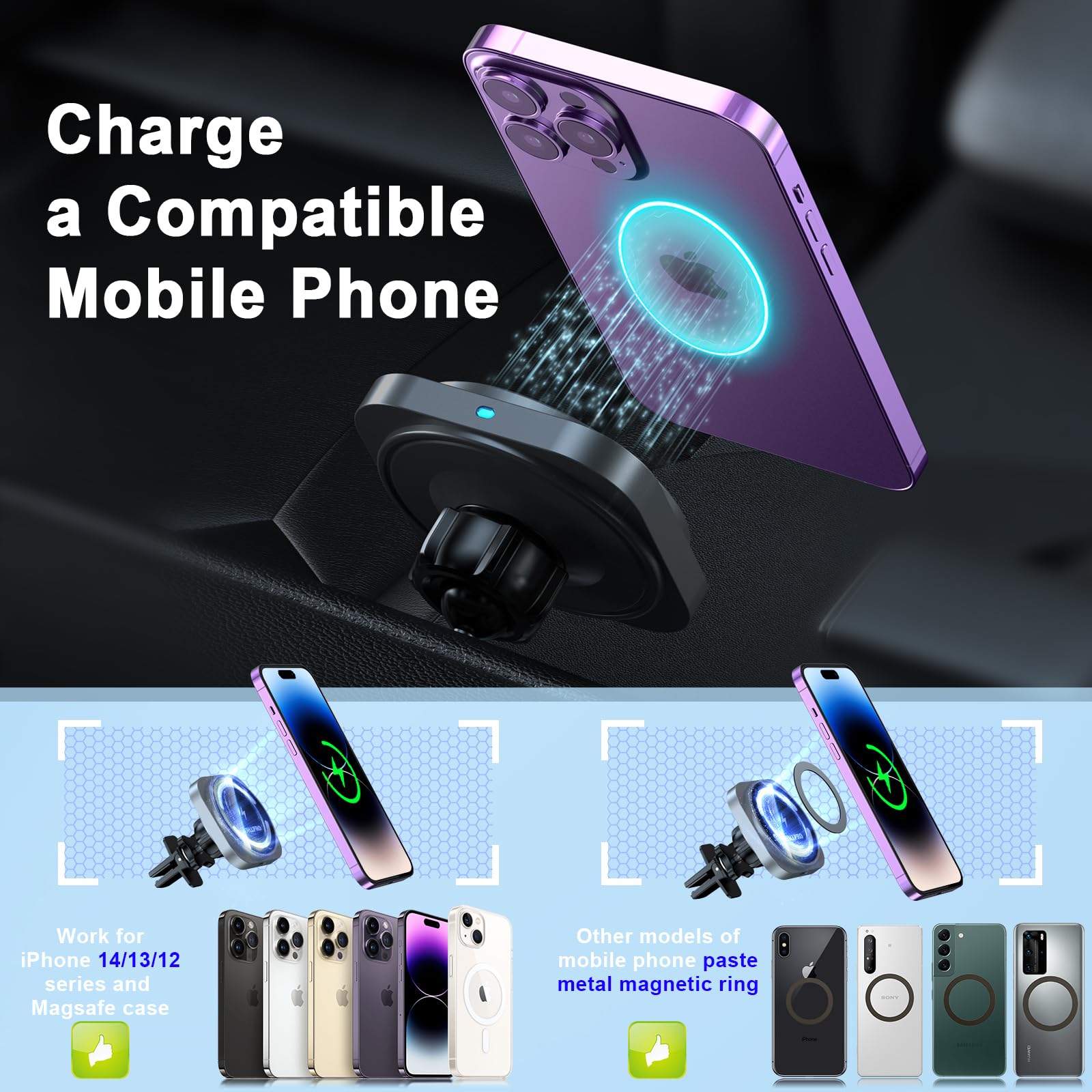 Ohlpro Dashboard Magnetic Phone Holder For Iphone Magsafe Car Mount Charger, Windshield Suction Wireless Car Charger, Car Vent C