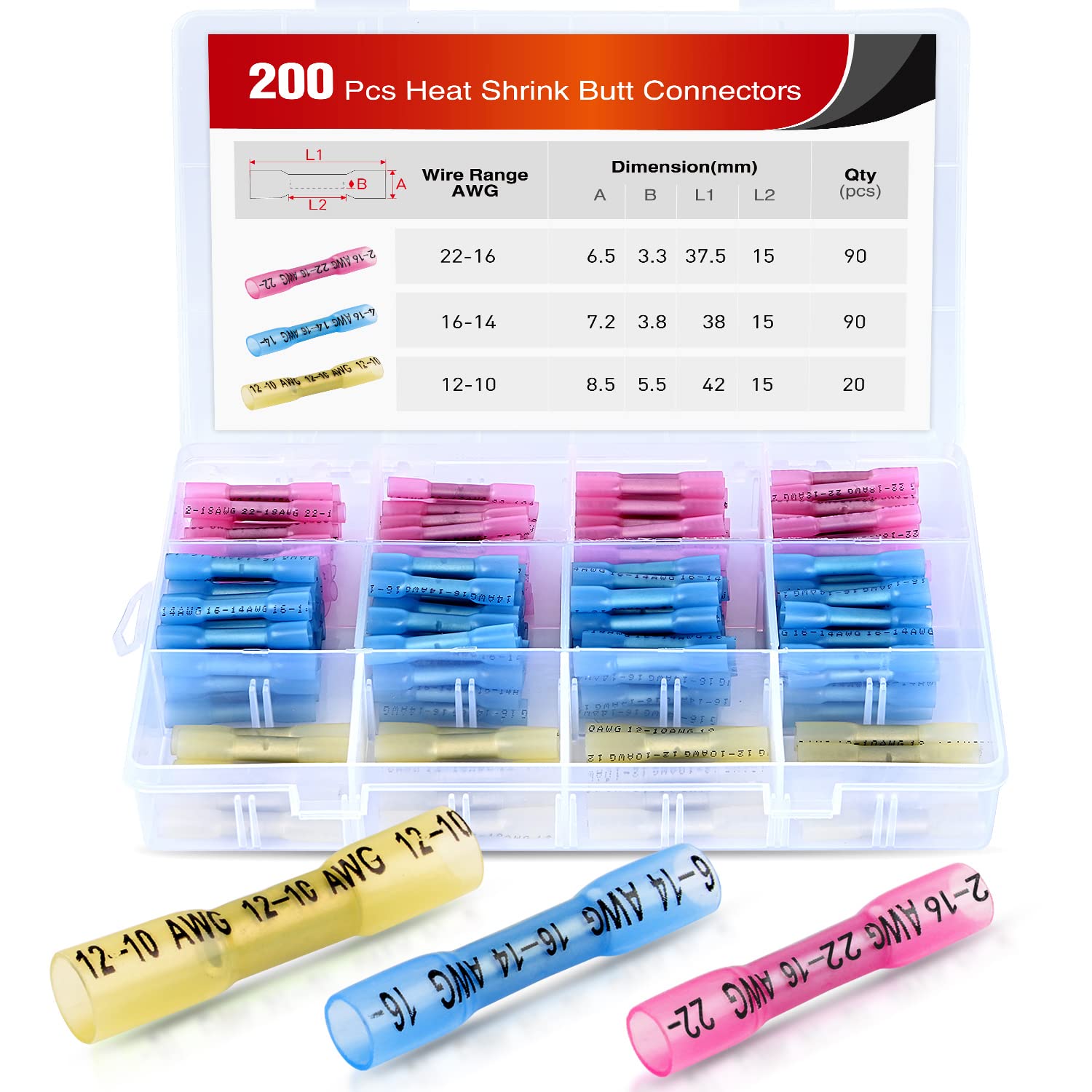 Nilight 200Pcs Heat Shrink Butt Connectors   Waterproof Wire Connectors   Automotive Marine Grade Electrical Terminals   Crimp B