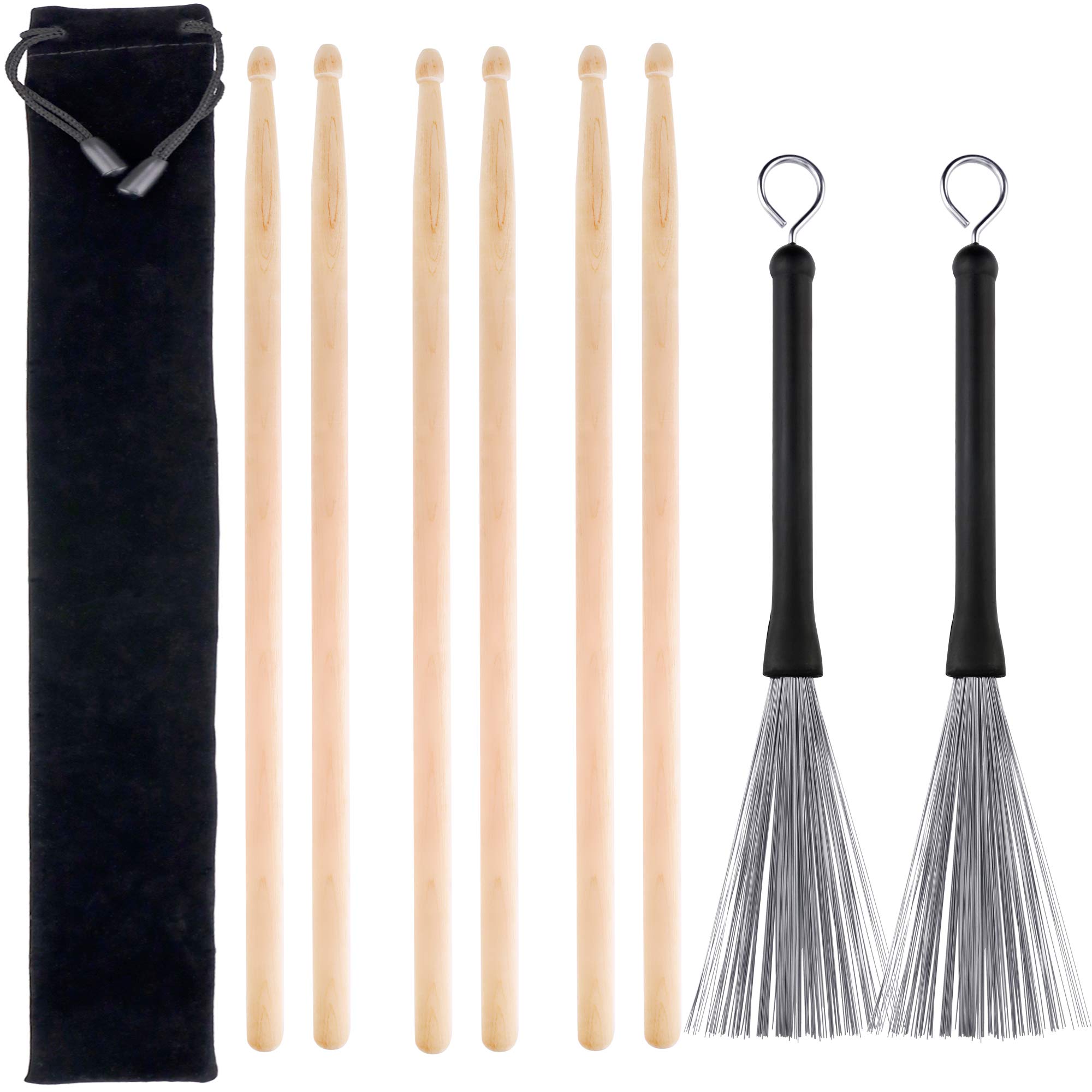 Augshy Drum Stick Set,3 Pairs 5A Hard Maple Wood Drum Sticks And 1 Pair Retractable Drum Wire Brushes With A Storage Bag Drum Ac