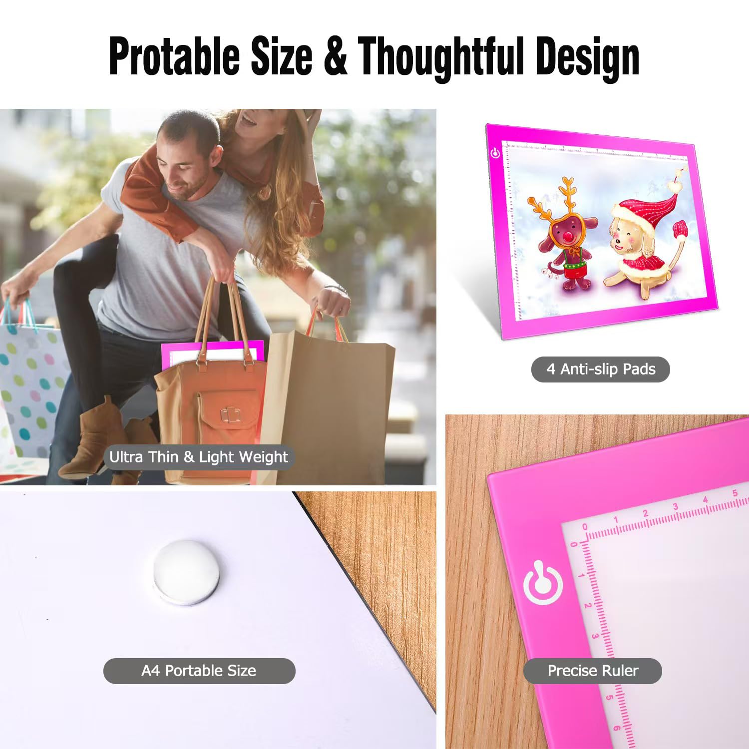 Pink A4 Dimmable Led Artcraft Light Box Tracer Slim Light Pad Portable Tablet, Usb Power Cable Copy Drawing Board Tracing Table
