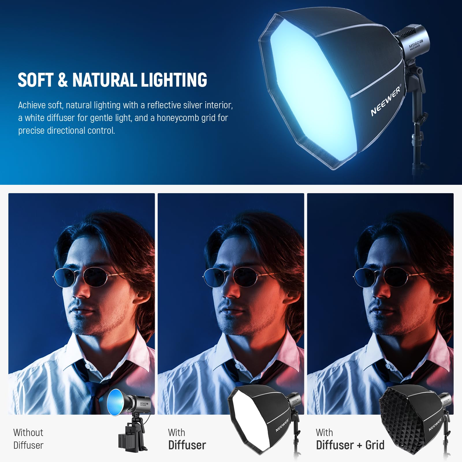 Neewer 50cm Octagonal Softbox NS4P Quick Release with Honeycomb Grid & Diffuser for NEEWER Mount LED Lights Black Nylon