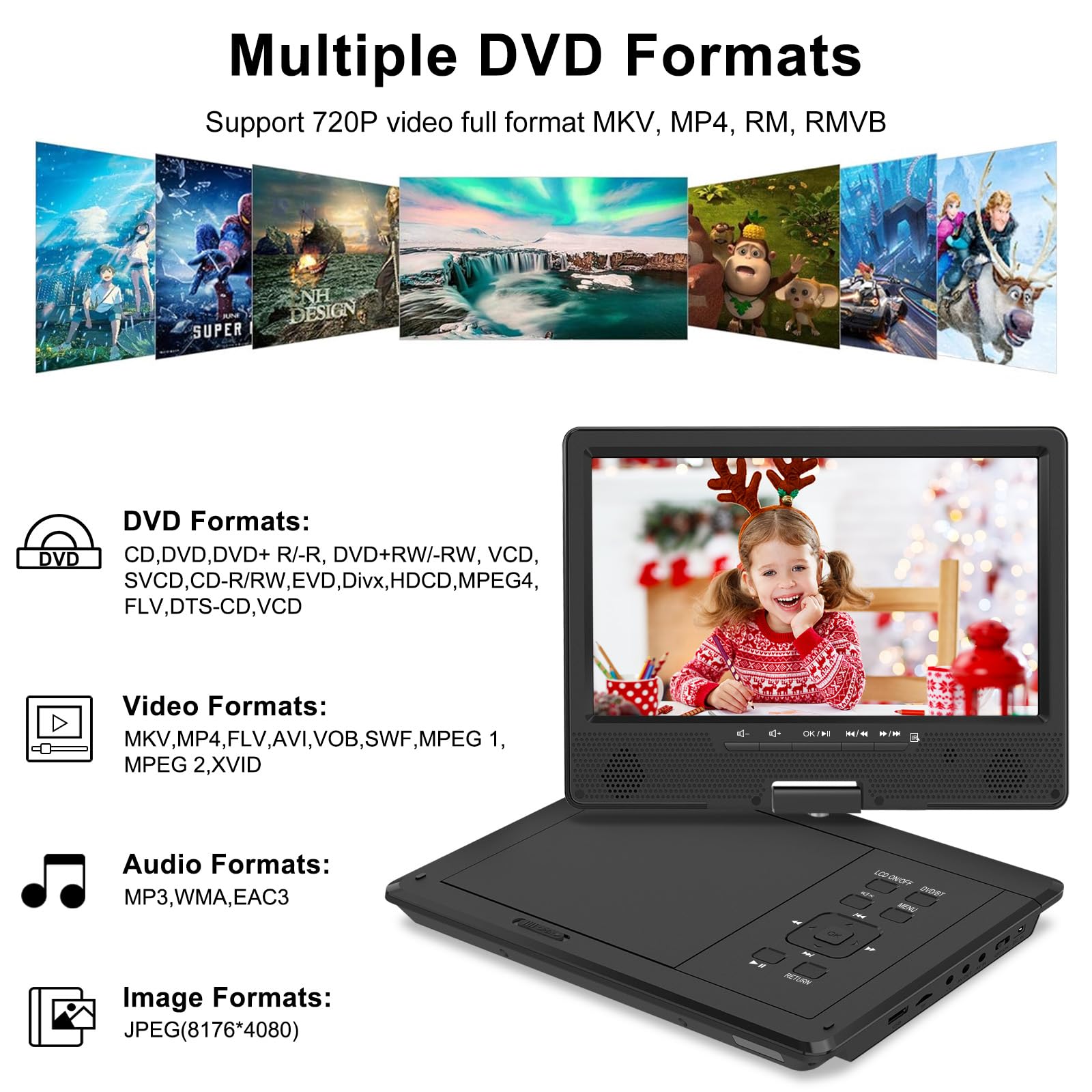 12.5'' Portable Dvd Player, Bluetooth Headrest Video Players With 10.1'' Swivel Screen, 5 Hours Rechargeable Battery, Dvd Player