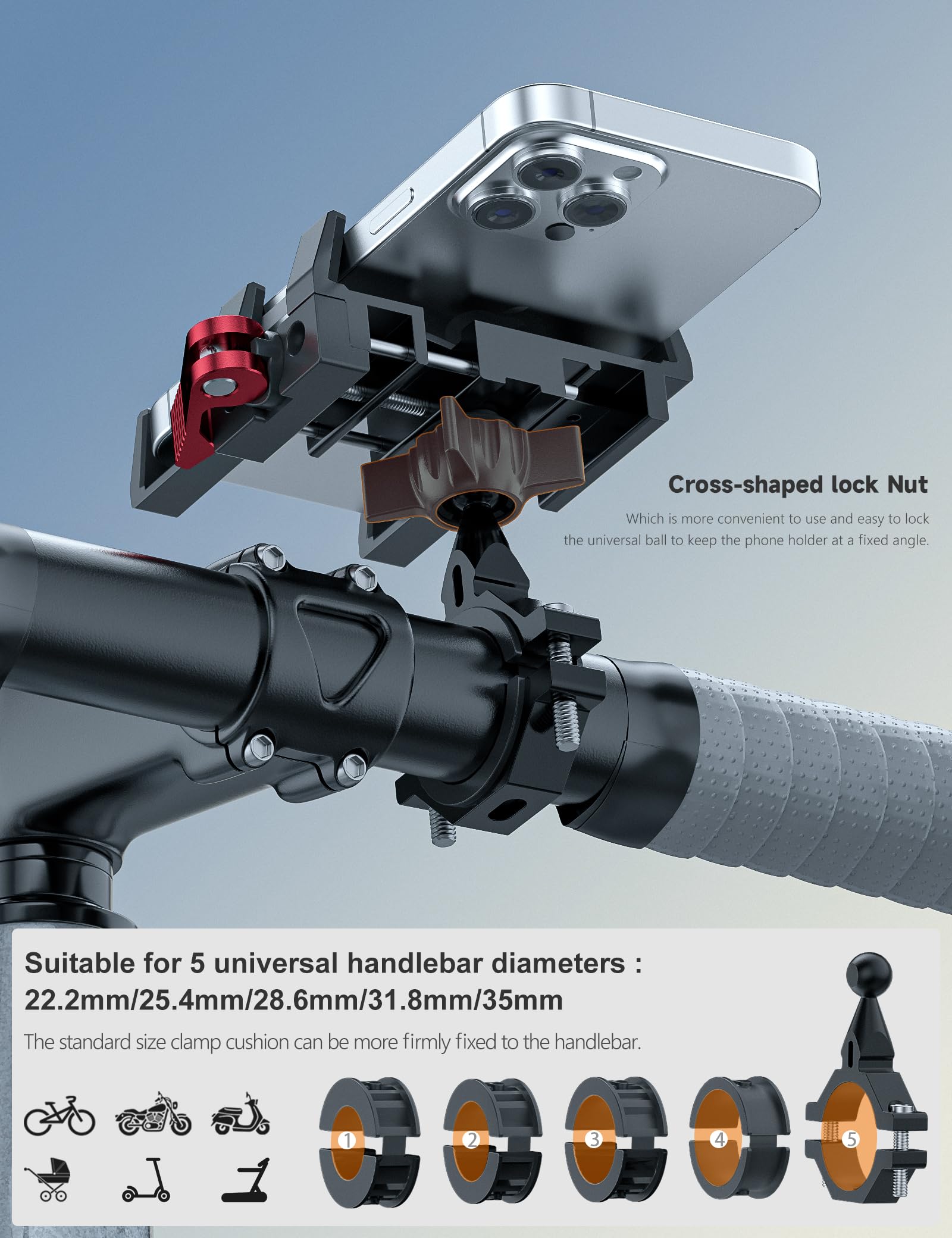 Tiakia Aluminum Bike Phone Mount Holder, [2024 Upgrade] Motorcycle Phone Mount, [1S Lock] Handlebar Mounted Cell Phone Holder, 3