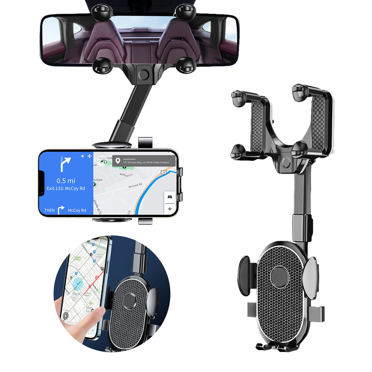 Seltureone [Version 2022 Rear View Mirror Phone Holder, 360    Rotatable And Retractable Car Phone Holder Universal Rearview Car