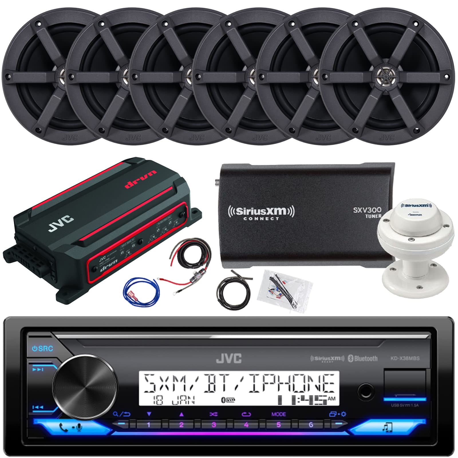 Jvc Single Din In-Dash Marine Bluetooth Usb/Aux Stereo Receiver, 6X 6.5 100 Watt Peak Power Black Speakers, 600 Watt 4-Channel A