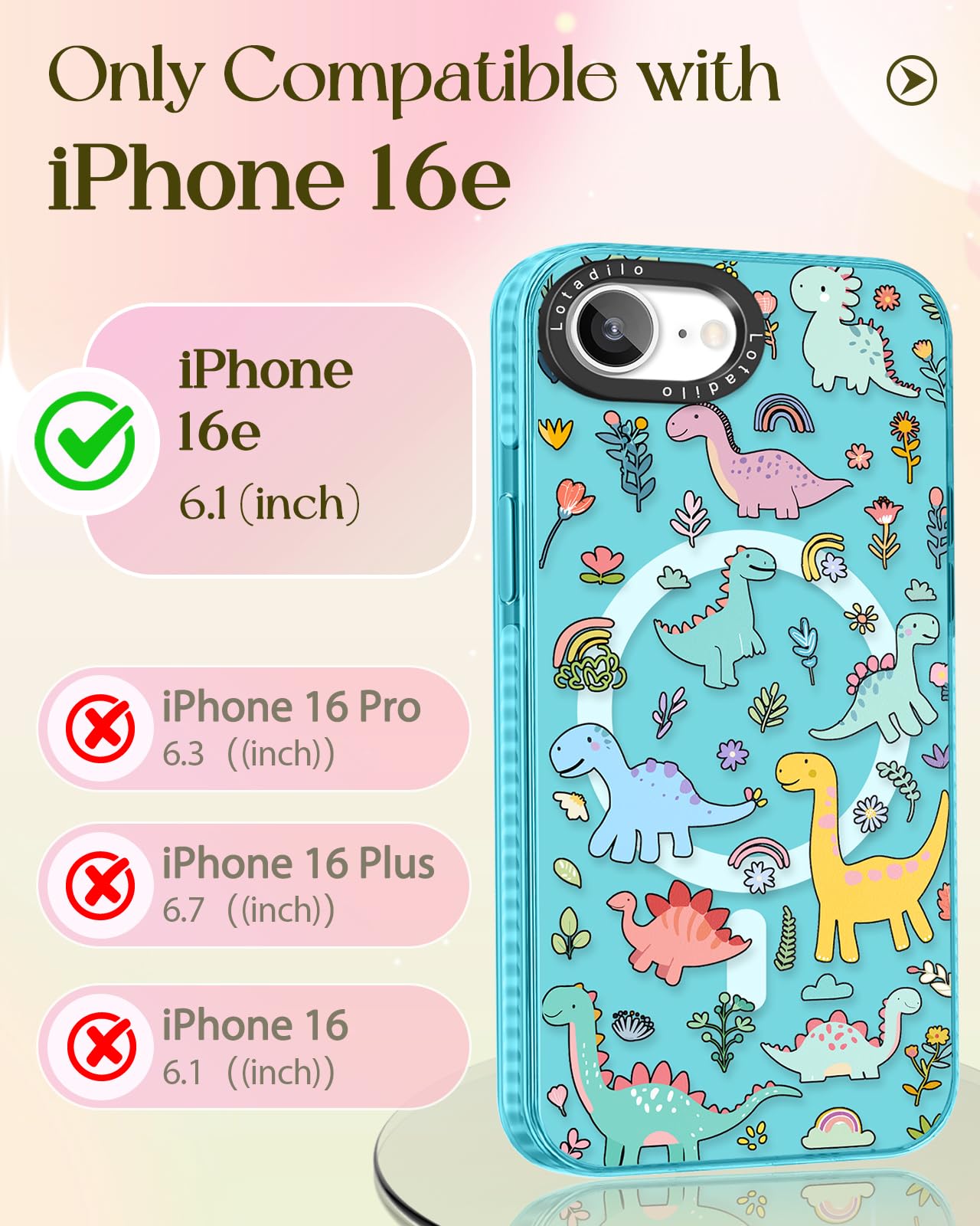Lotadilo Cute Case For Iphone 16E For Women Girls - Funny Dinosaur Design Compatible With Magsafe Magnetic Ring Holder Kickstand
