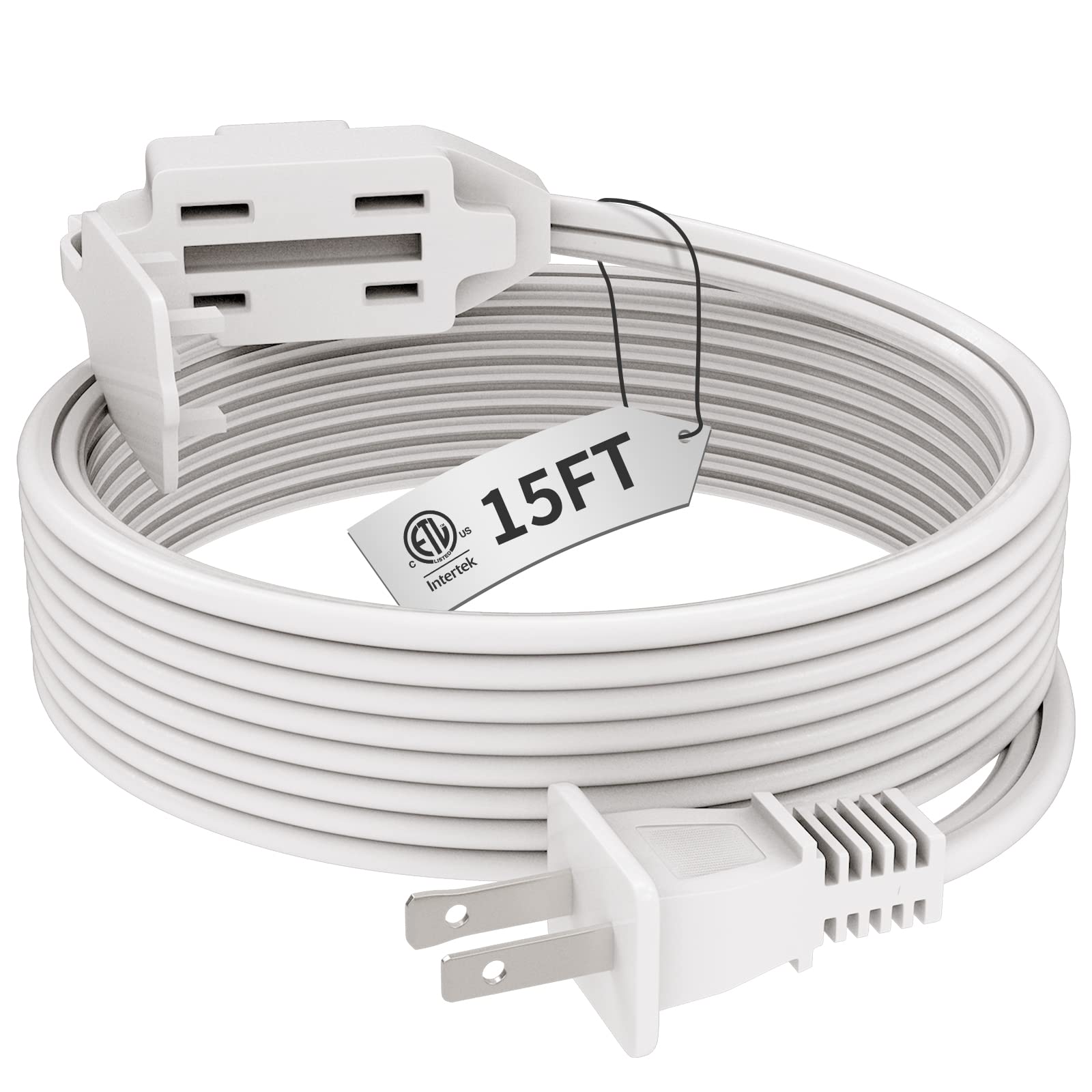Plugtul Indoor White Extension Cord 15 Feet, 3 Outlet Household Extension Cord, 2 Prong, 16 Gauge, 3 Polarized Outlets With Safe