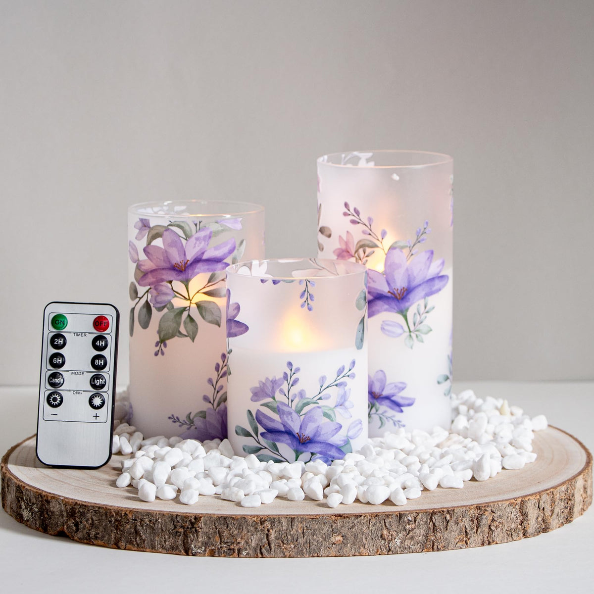 Mavandes Flameless Flickering Glass Candles With Remote And Timer,Purple Flowers Led Battery Operated Real Wax Set Of 3 Realisti