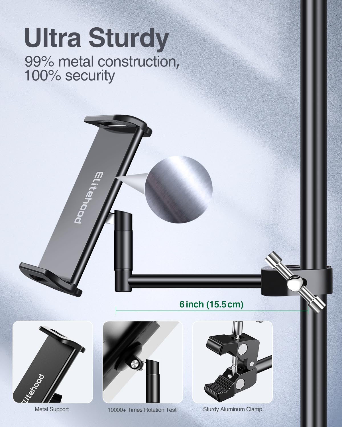 Elitehood Aluminum Ipad Holder For Mic Stand, Side Mount Ipad Music Stand Holder For Microphone, 360 Swivel Tilt Adjustable Mic