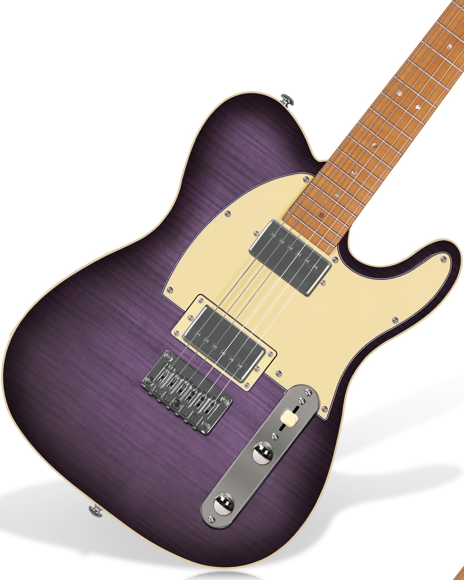 AKLOT Modern TL Electric Guitar - Dual Humbucker with Coil Split, Roasted Maple Neck & Flame Maple Top, Locking Tuners, Beginner