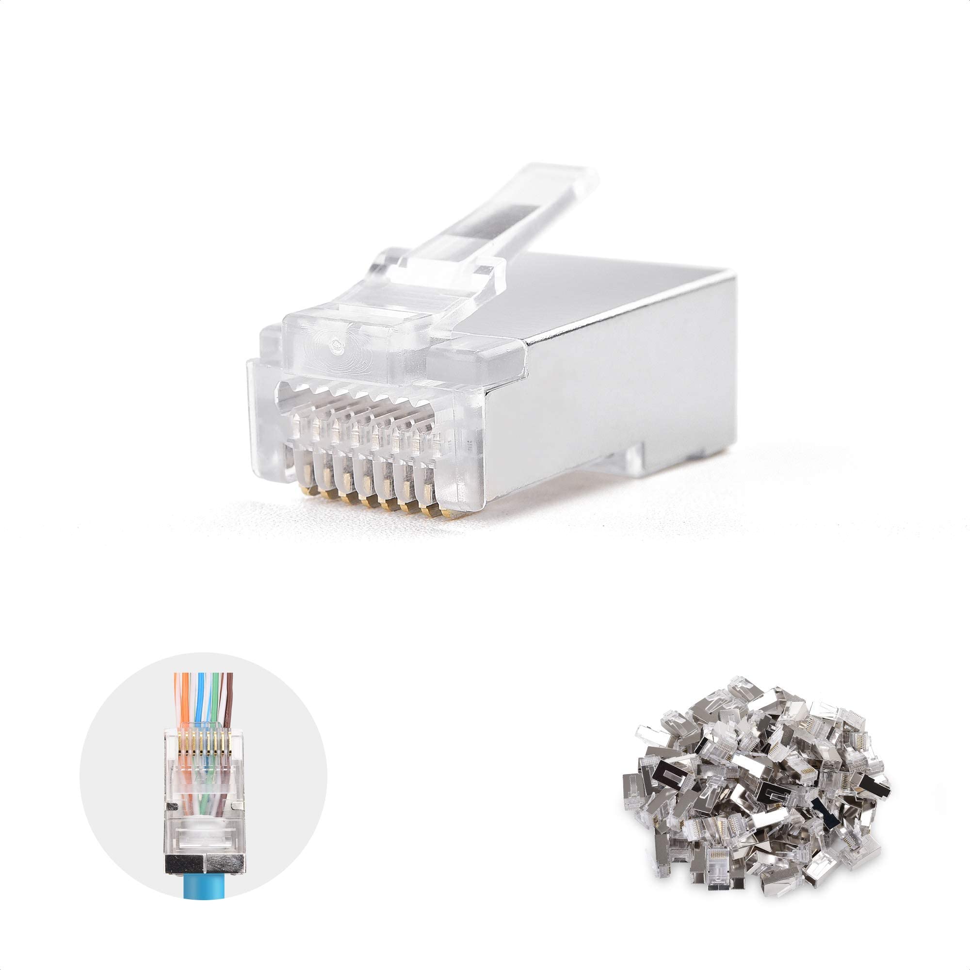 Cable Matters 100 Pack Cat 6A Shielded Pass Through RJ45 Connectors (Cat 6A Ends / Cat6A Connector / RJ45 Modular Plugs/Ethernet Plugs/Network Connector) for Solid or Stranded S/FTP Ethernet Cable