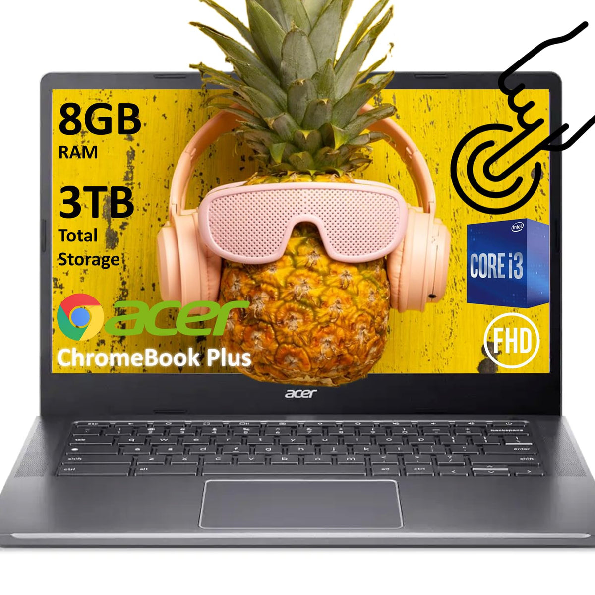 Acer Chromebook Plus 514 Laptop W/Google Ai (14'' Fhd Touchscreen, Intel 8-Core I3-N305, 8Gb Ram, 3Tb(512Gb Ssd,512G Portable,2T