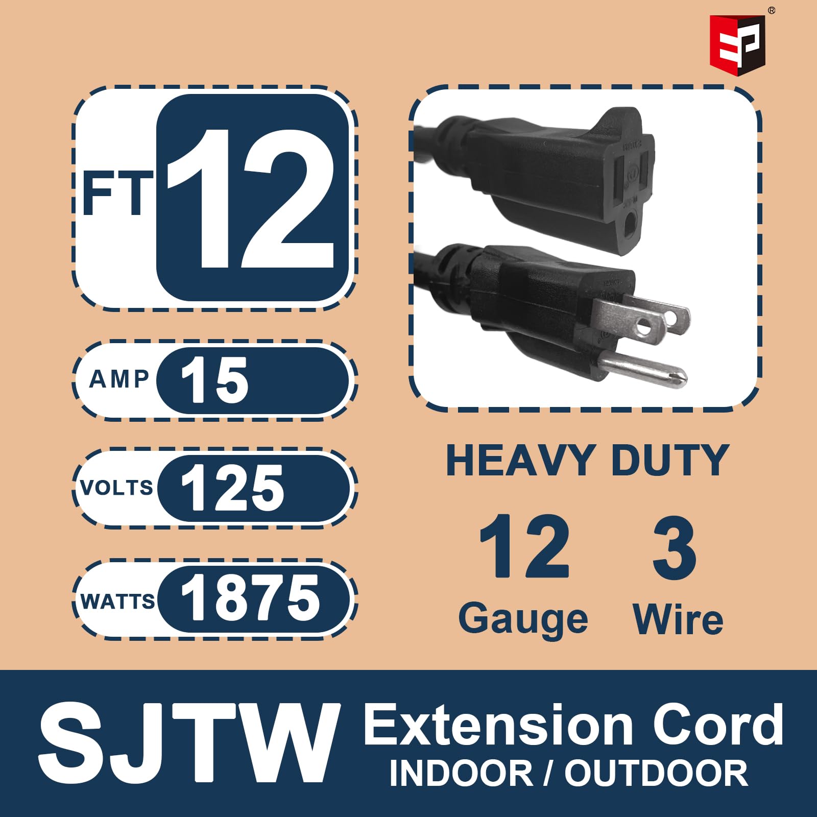 Ep 12 Ft Outdoor Extension Cord   12/3 Sjtw Heavy Duty Black Extension Cable With 3 Prong Grounded Plug   Power Cord For Lawn, G
