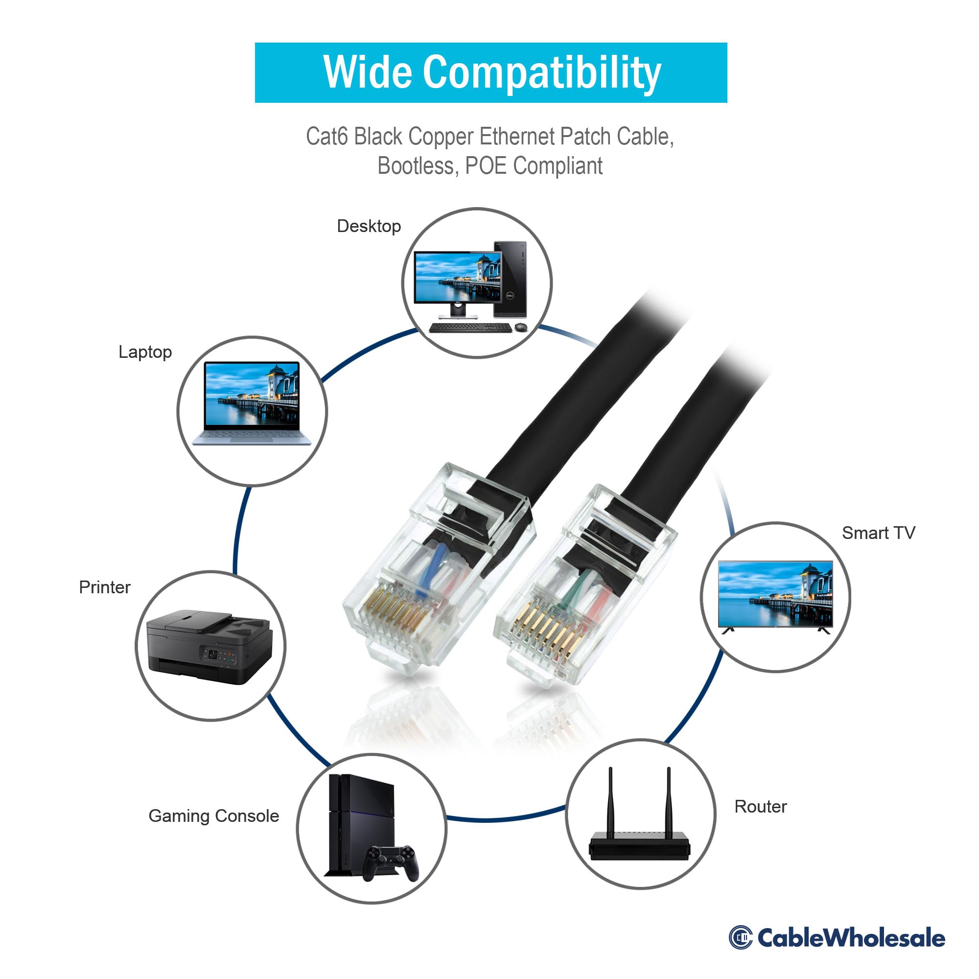 Cablewholesale 7 Foot Cat6 Black Ethernet Patch Cable, Bootless, 24Awg Network Cable With Rj45 Gold Plated Connector, 4 Pair Str