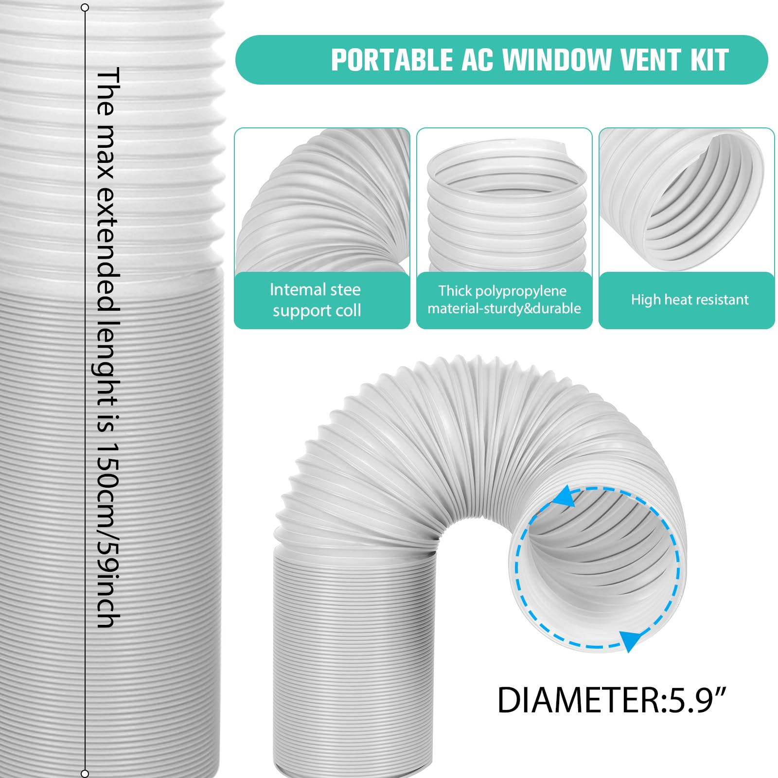 Nihoney Portable Ac Window Vent Kit With 5.9'' Exhaust Hose Universal Portable Air Conditioner Window Seal Kit Adjustable 59 Inc