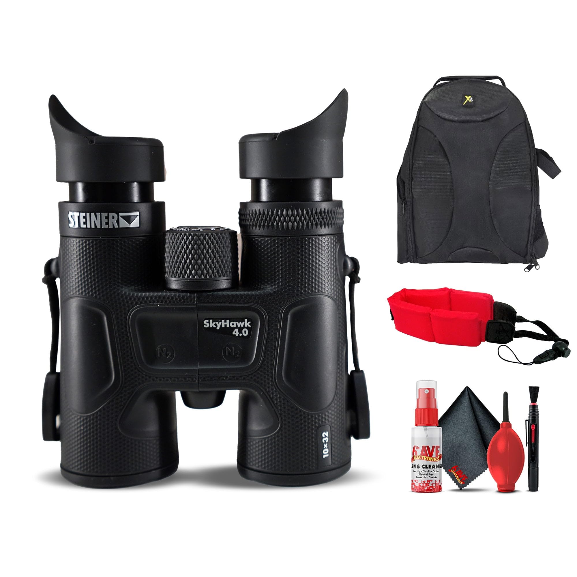 Steiner Skyhawk 4.0 10X32 Binoculars (23370900) Bundle With Padded Backpack, Floating Wrist Strap, And 6Ave Cleaning Kit