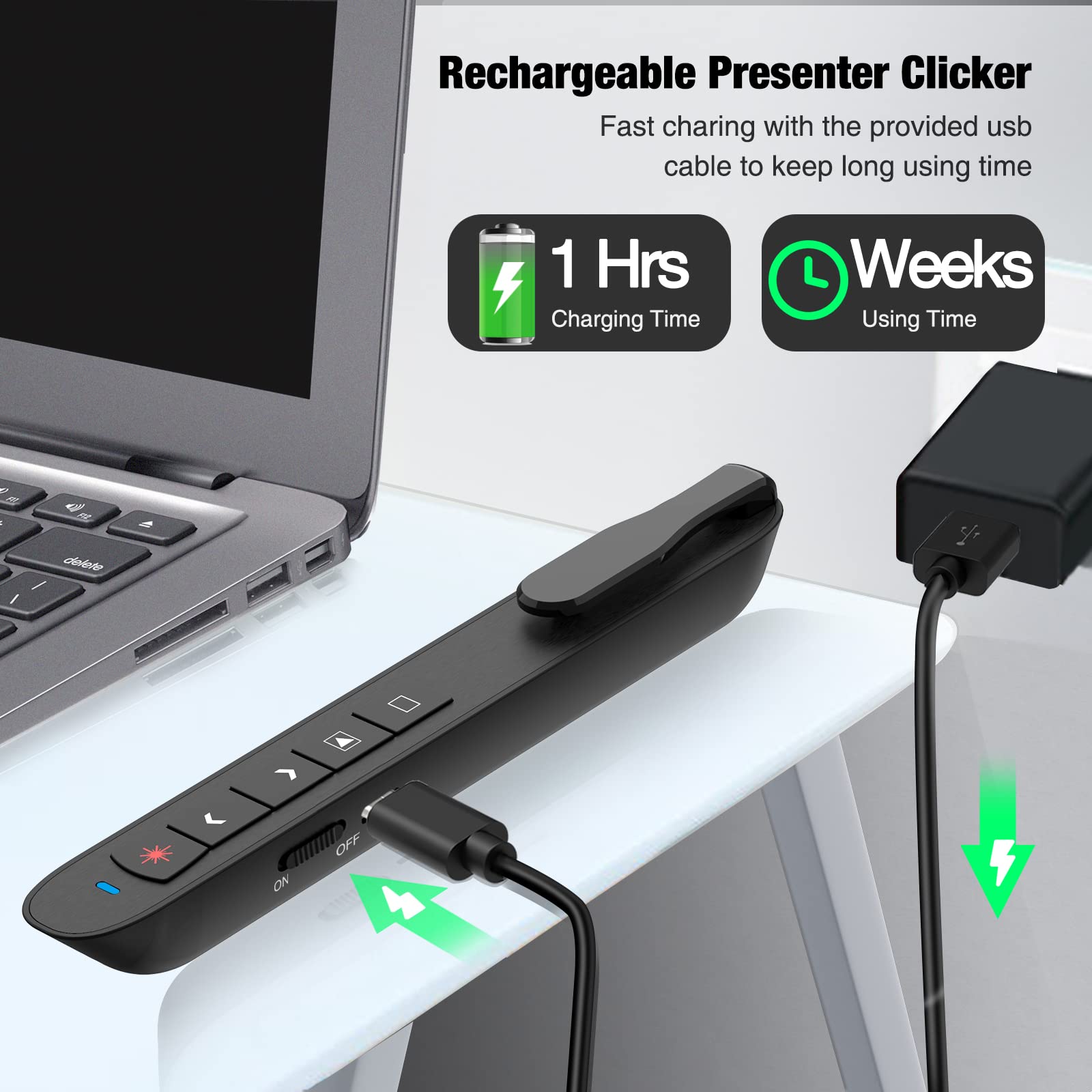 Presentation Clicker Green Laser Pointer, Rechargeable Powerpoint Clicker Wireless Presenter Remote, Rf 2.4Ghz Usb Presentation